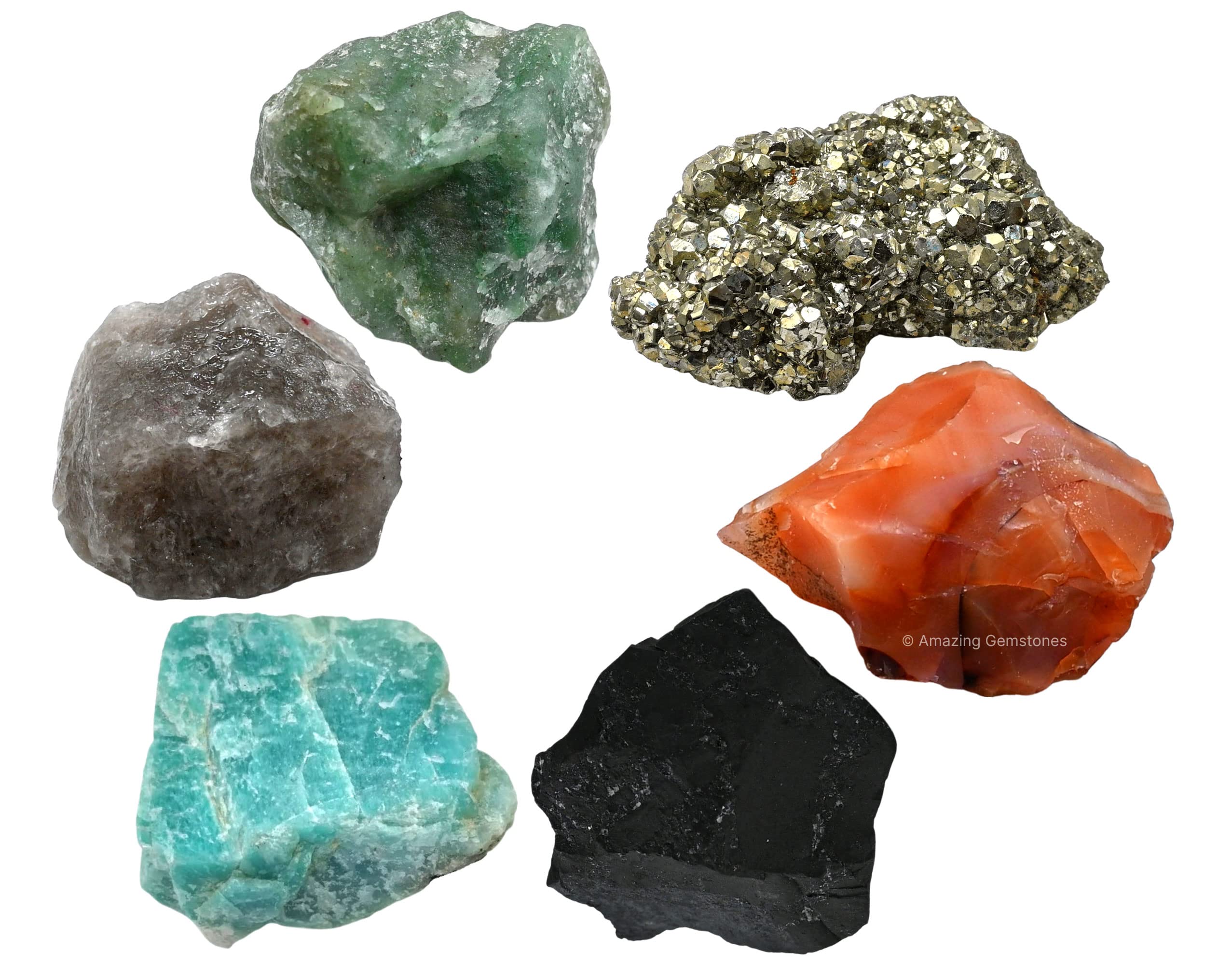 Crystals for Workplace Manifestation, Set of 6 Green Aventurine, Smoky Quartz, Shungite, Carnelian, Pyrite and Amazonite Healing