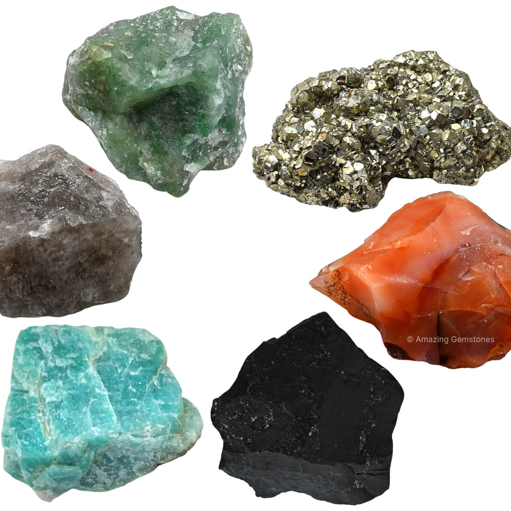 Crystals for Workplace Manifestation, Set of 6 Green Aventurine, Smoky Quartz, Shungite, Carnelian, Pyrite and Amazonite Healing