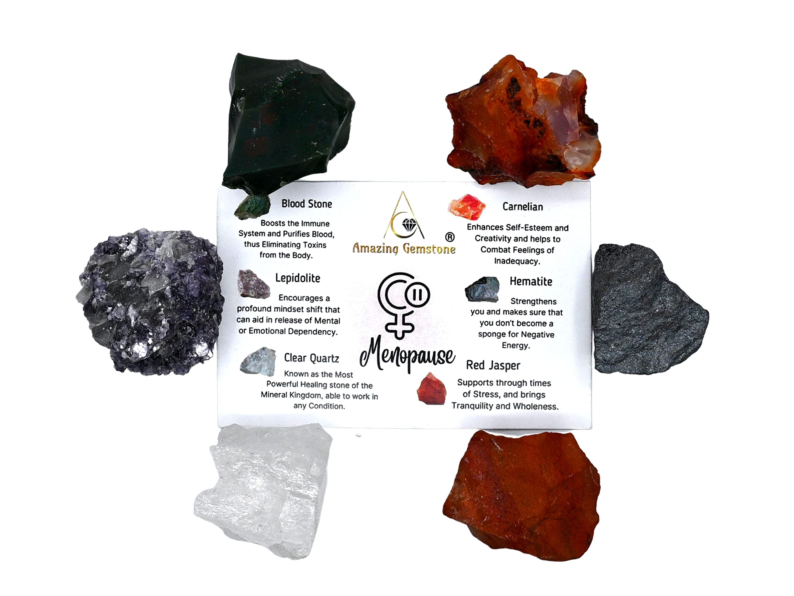Crystals for Menopause, Set of 6 Blood Stone, Lepidolite, Carnelian, Hematite, Red Jasper and Clear Quartz Healing Crystals and