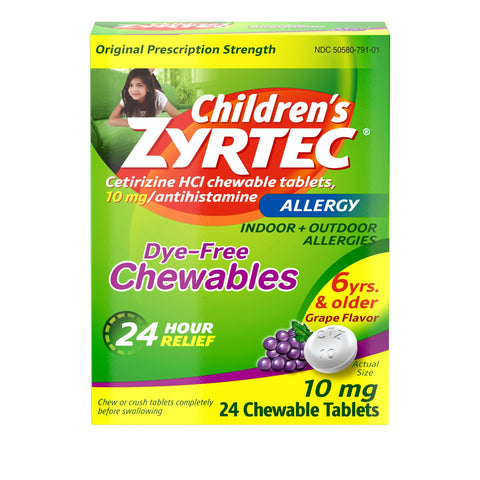 Zyrtec Childrens Dye-Free Chewables for 24 Hour Allergy Relief, 10 mg Cetirizine HCl Antihistamine Tablets, Kids Allergy Medici