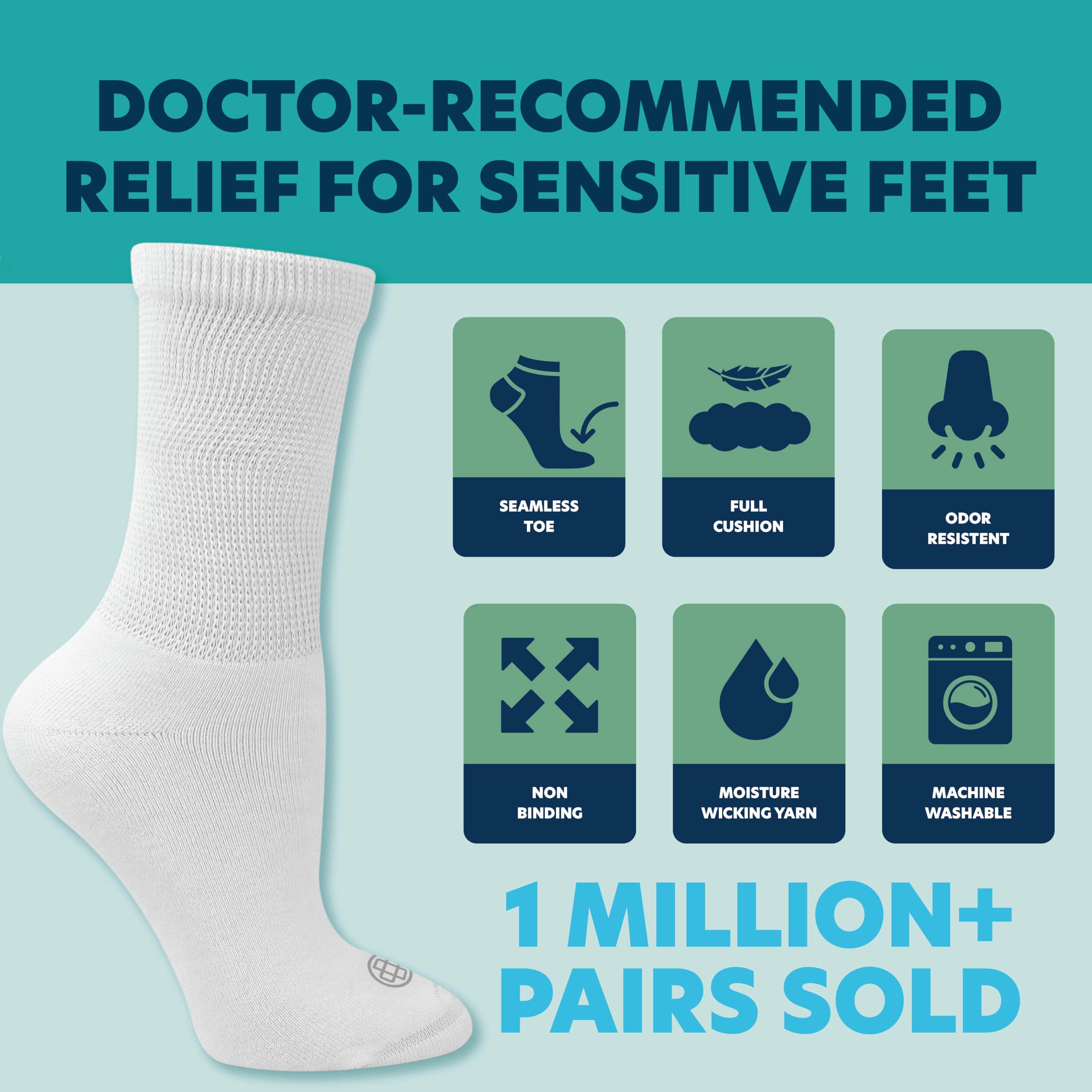 Doctor's Choice Diabetic Socks for Men, Seamless Crew Socks with Non-Binding Top, Provides Extra Comfort for Gout, 4-Pairs, Whit