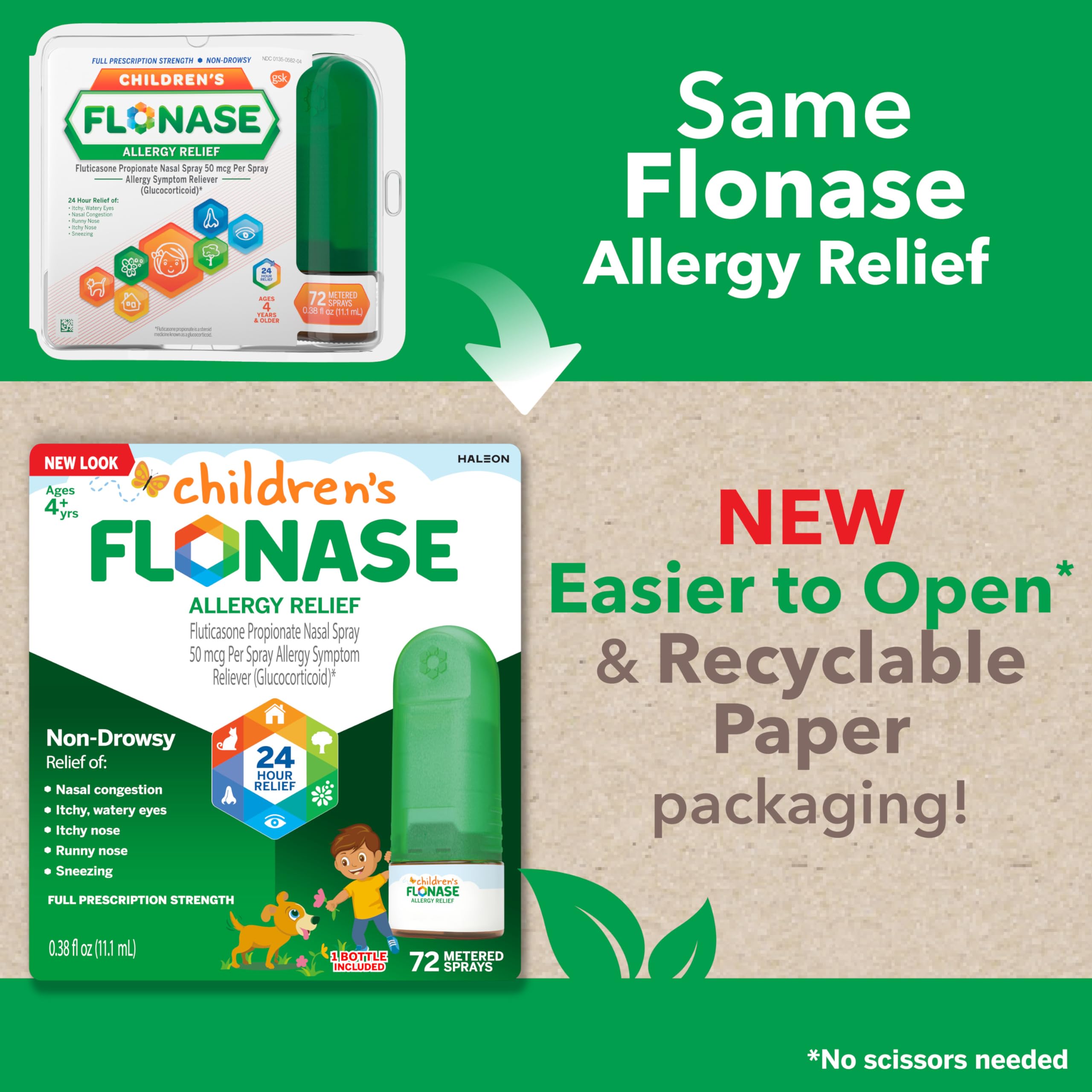 Flonase Childrens Allergy Relief Nasal Spray, 24-Hour Non-Drowsy Multi-Symptom Relief - 72 Sprays
