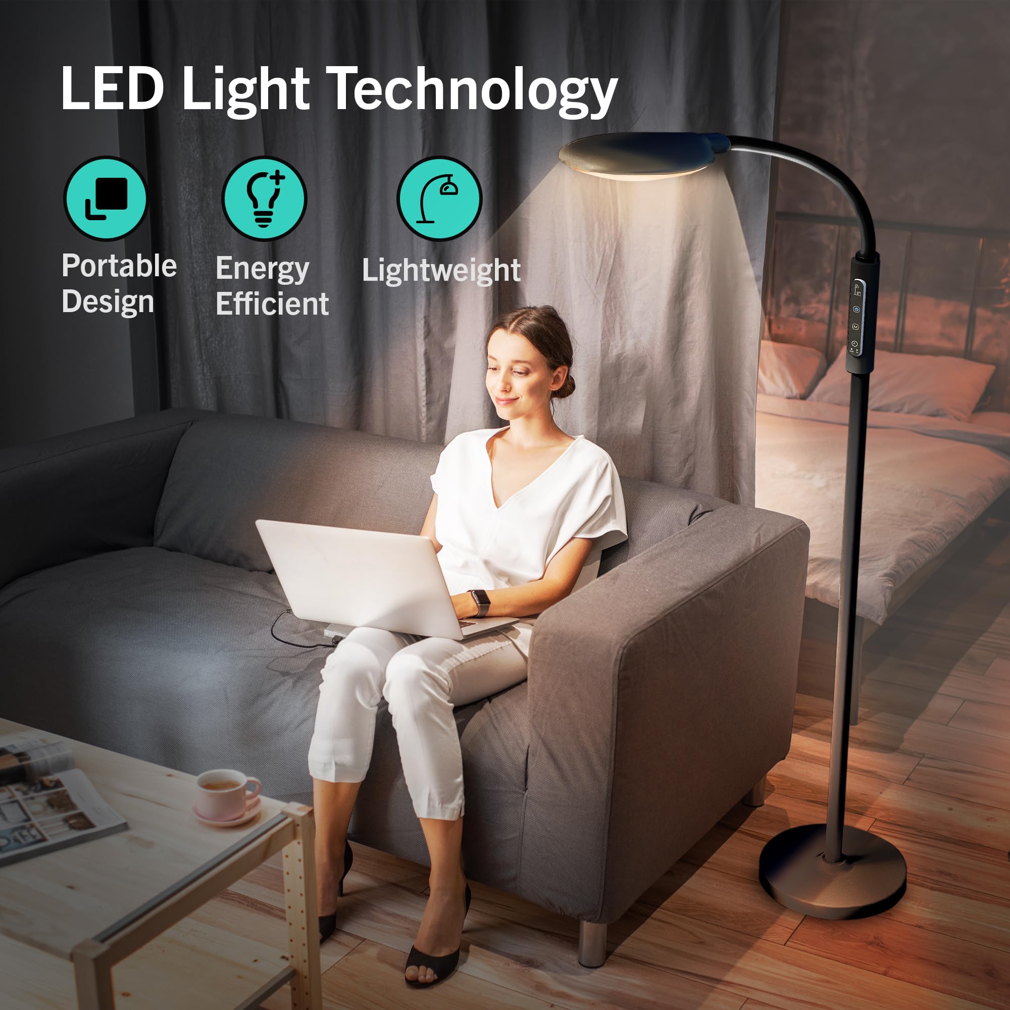 PRIMETEK Happy Lamp10000 Lux Mood Lamp, Dual Control Remote,Touch Screen Sad Lamp, Adjustable LED Floor Lamp, UV-Free Sun Light,