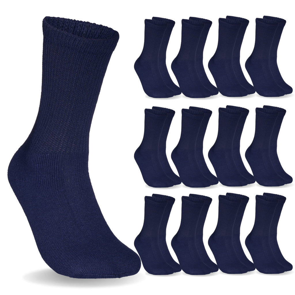 Special Essentials 12 Pairs Cotton Diabetic Socks for Men & Women - Non-Binding Extra Wide Top Neuropathy Socks - Crew Socks Nav