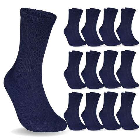 Special Essentials 12 Pairs Cotton Diabetic Socks for Men & Women - Non-Binding Extra Wide Top Neuropathy Socks - Crew Socks Nav