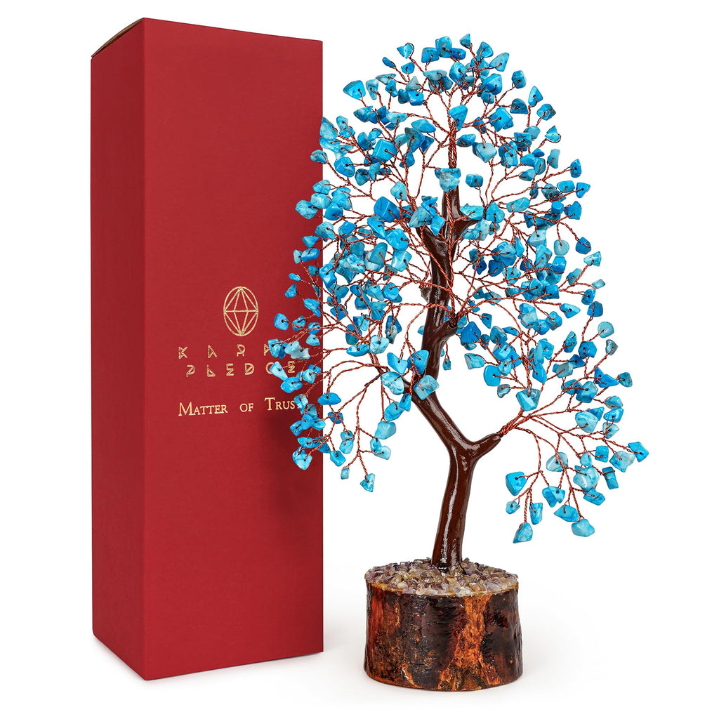 Crystal Tree of Life Turquoise Healing Crystal Trees for Home & Office Decoration, Handmade Crystal Money Bonsai Trees for Posit