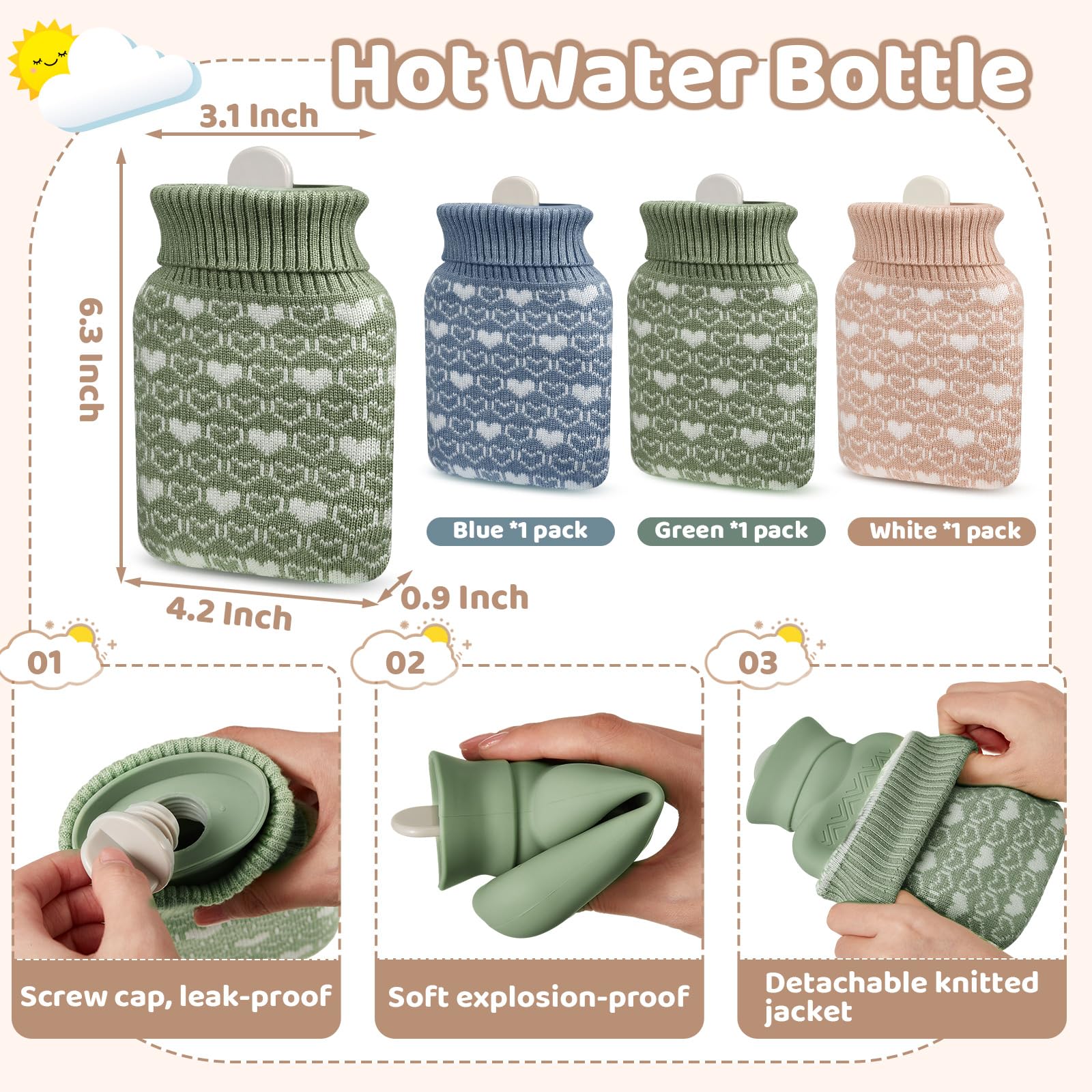 Amylove 3 Pcs Mini Hot Water Bottle for Hot & Cold Compress with Cover 320ml Silicone Microwave Heating Bottles Small Water Bag