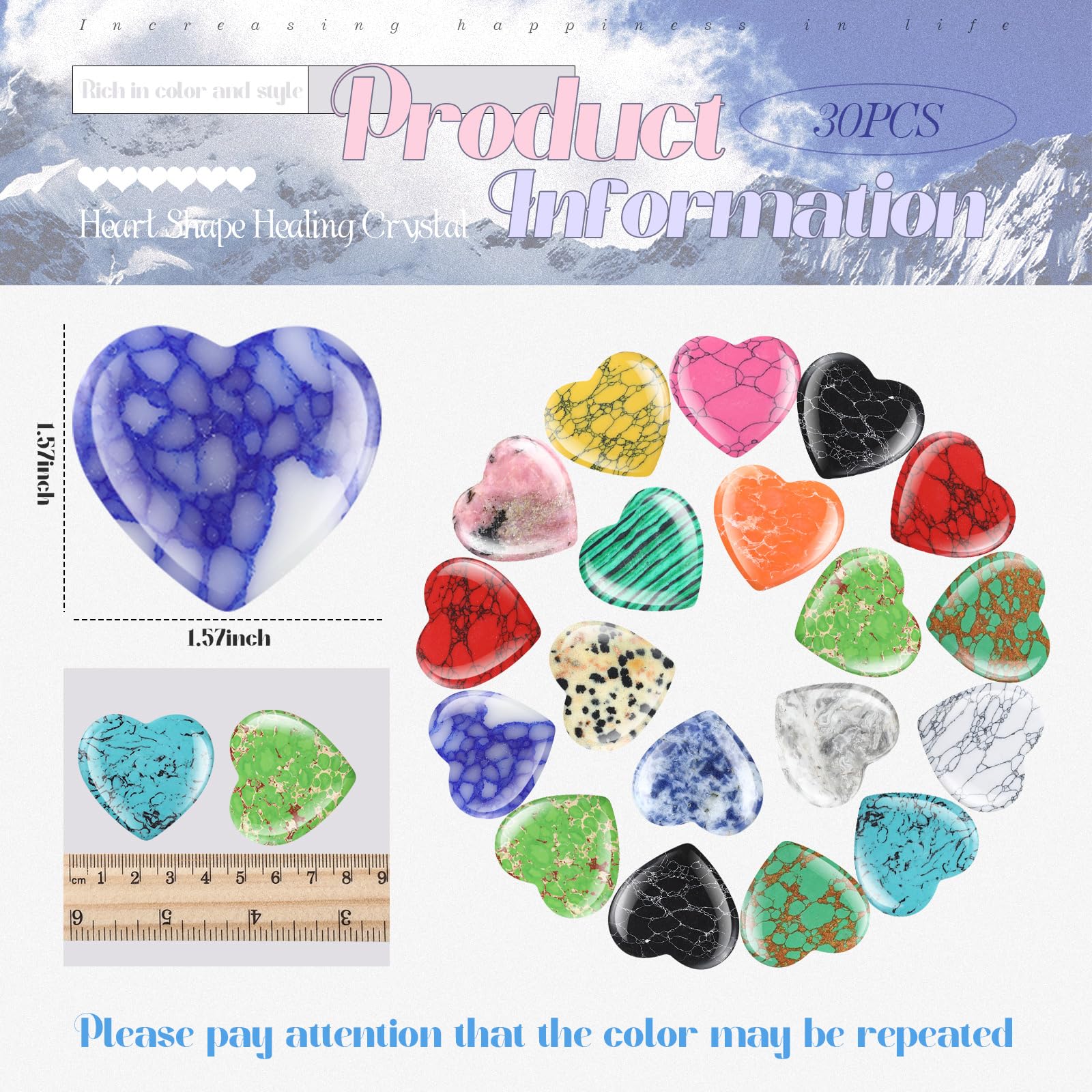 Nuenen 30 Pcs Heart Shape Crystals Bulk 1.57 Inch Gemstone Heart Stones Worry Stone Heart Rocks Quartz Love Pocket Palm Hearts B