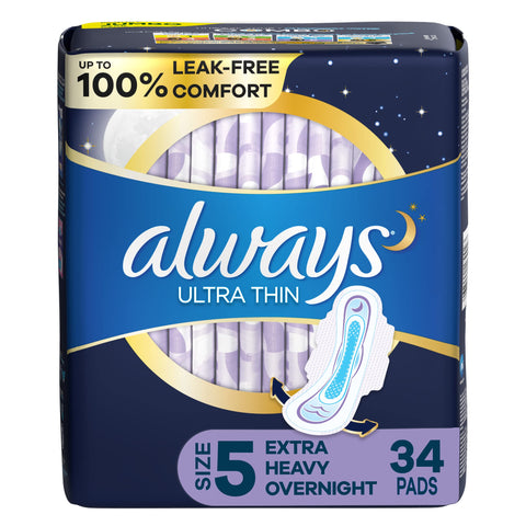 ALWAYS Ultra Thin Size 5 Extra Heavy Overnight Pads With Wings Unscented, Size 5, 34 Count