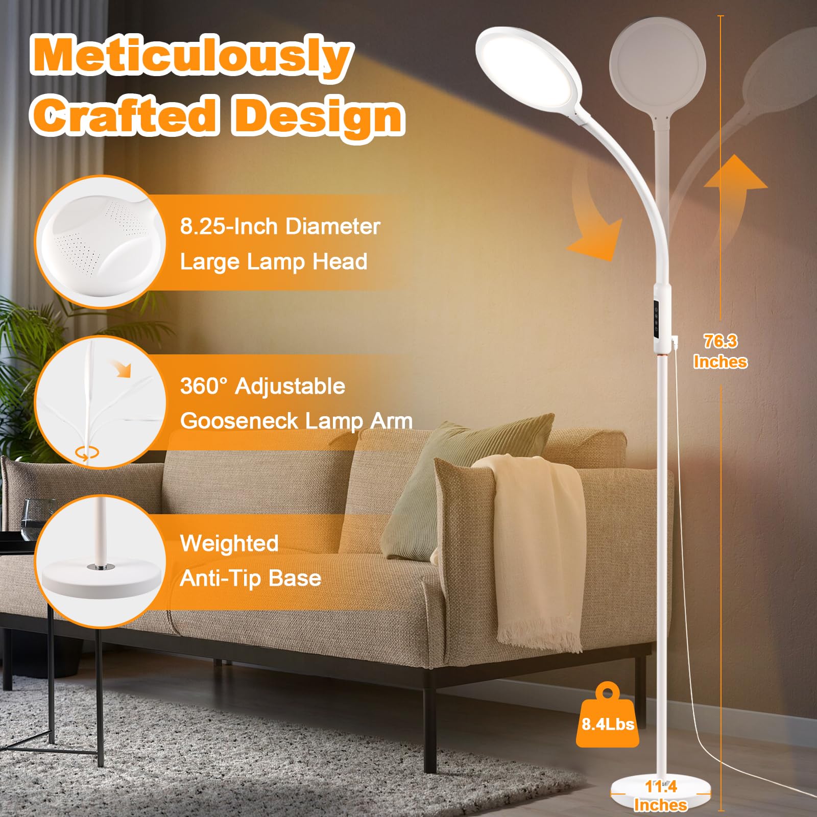 LIGHTMEUP Light Therapy Lamp - 15000 Lux Full Spectrum Happy LED UV-Free Sun Light Floor Therapy Lamp with 10 Adjustable Brightn