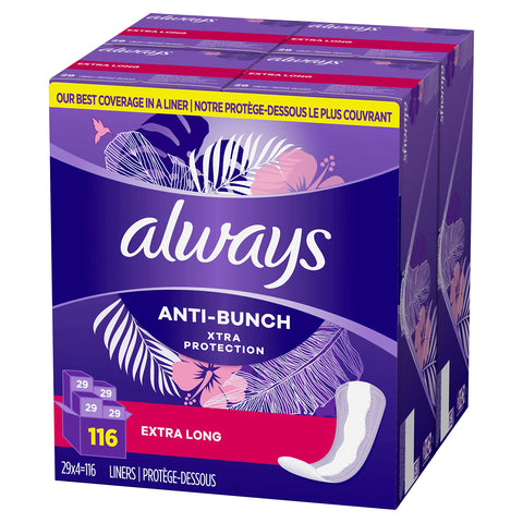 Always Anti-Bunch Xtra Protection Daily Liners, Extra Long Length, Unscented, 116 Count