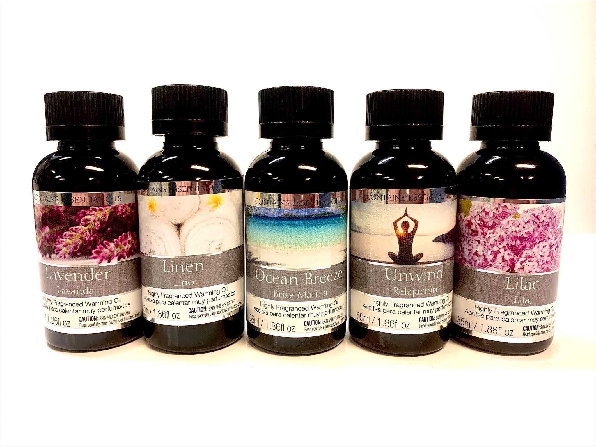 Hosley Set of 5 Assorted Fragrance Warming Oils 55ml Each-Lavender, Linen, Ocean Breeze, Unwind, Lilac. Ideal for spa Meditation