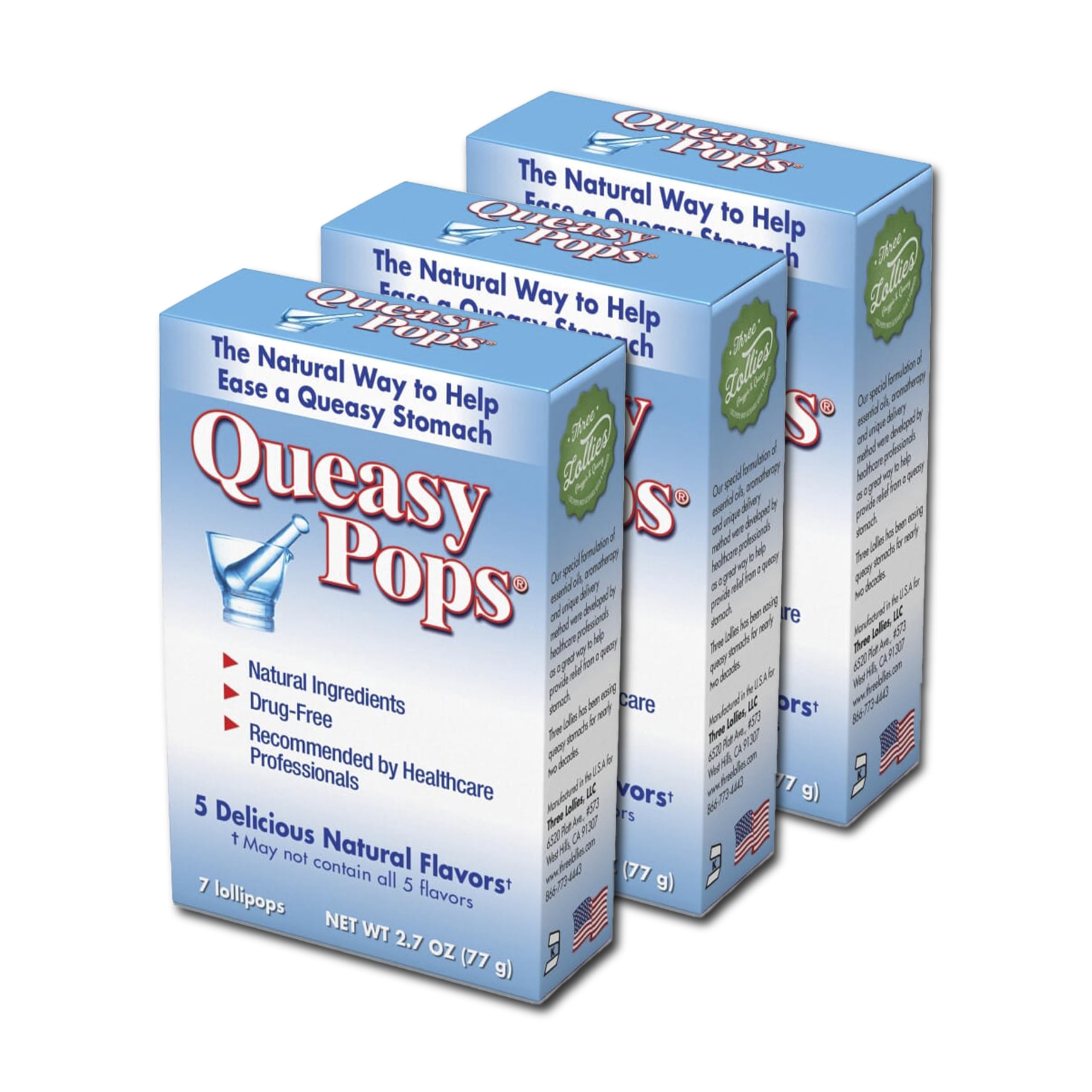 Three Lollies Queasy Pops - Lollipop Sticks for Nausea Relief, Motion Sickness & Dry Mouth - Natural Ingredients - 7 ct (3-Pack)