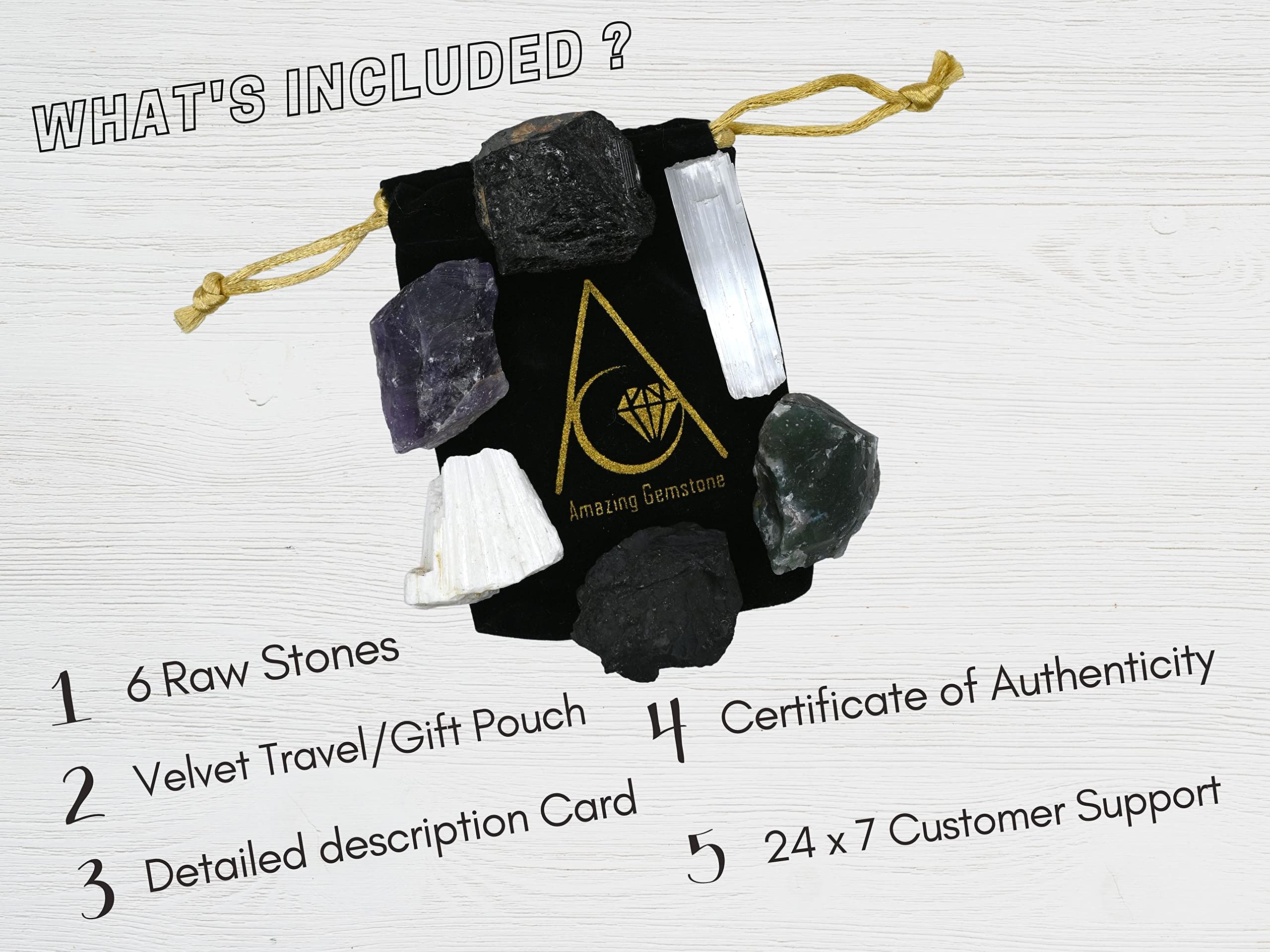 Crystals for House Protection Manifestation, Set of 6 Amethyst, Scolecite, Shungite, Black Tourmaline, Selenite and Moss Agate H