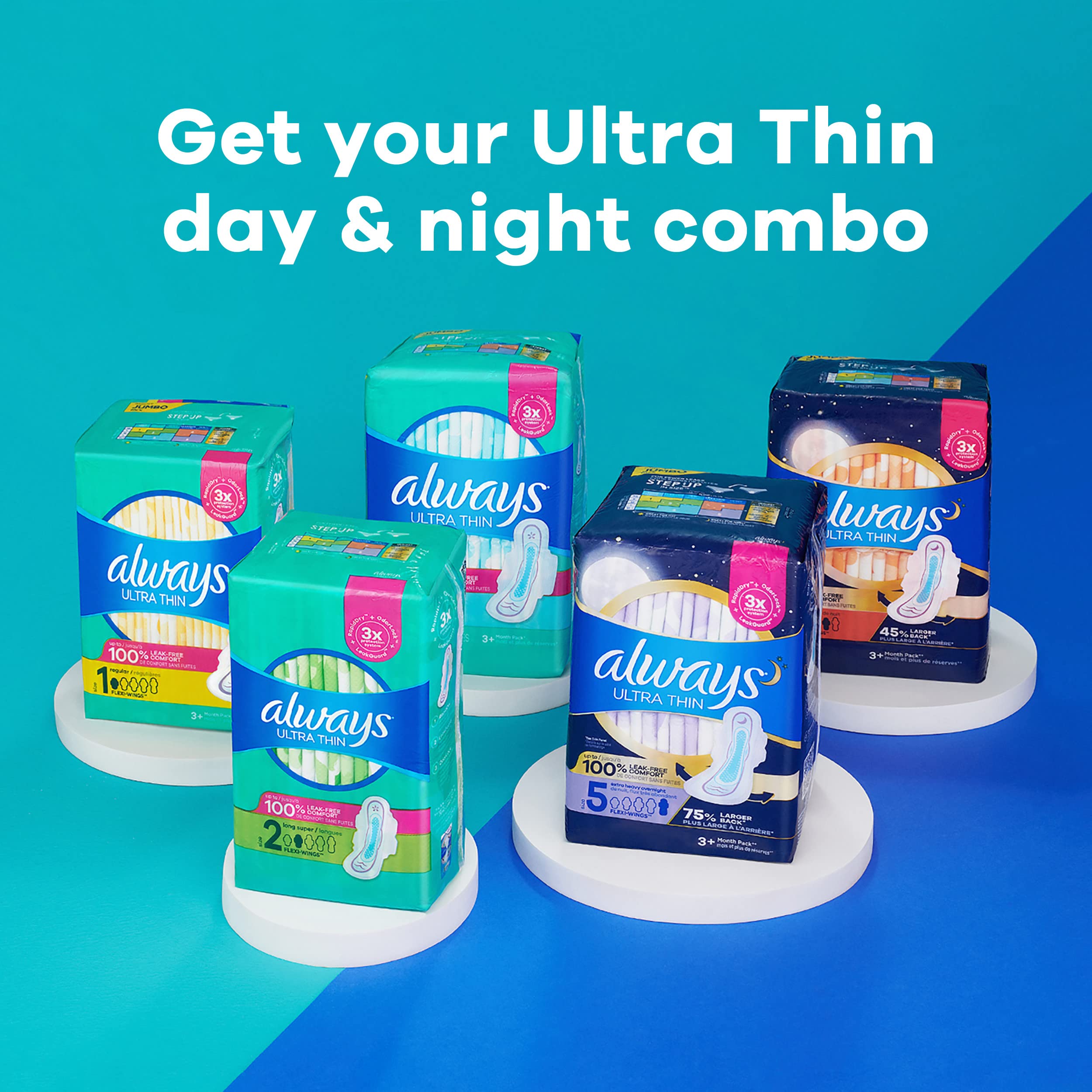 Always Ultra Thin Pads for Women, Size 4 Overnight Absorbency, Unscented with Wings, 26 Count