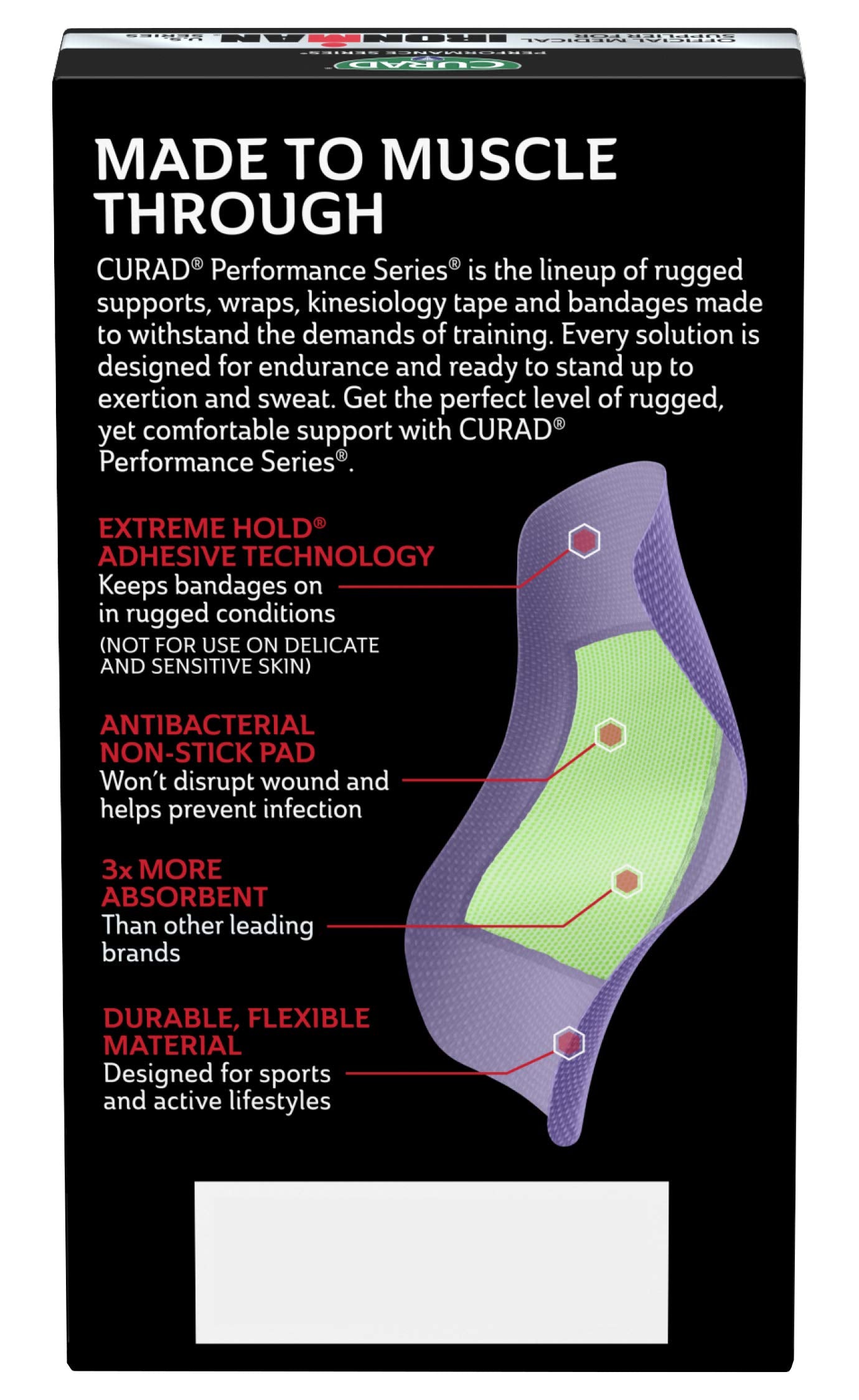 CURAD Performance Series IRONMAN Antibacterial Bandages, Extreme Hold Adhesive Technology, Extra Large Flexible Fabric Bandages