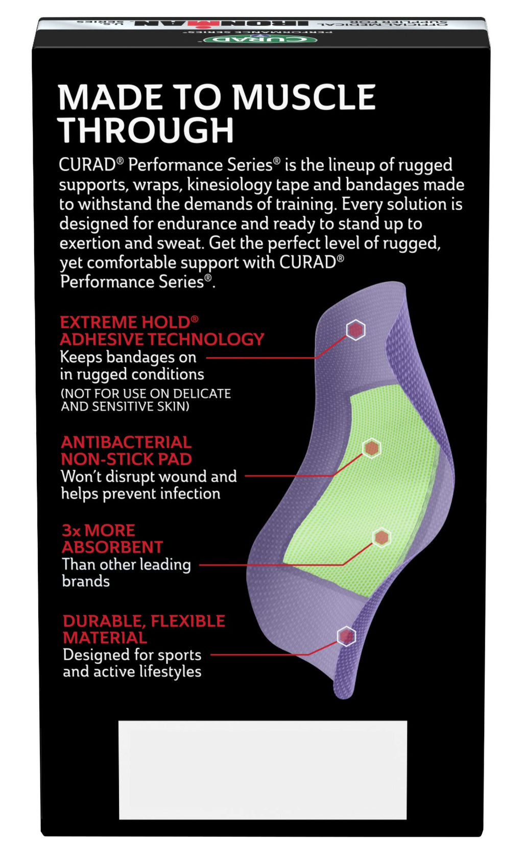 CURAD Performance Series IRONMAN Antibacterial Bandages, Extreme Hold Adhesive Technology, Extra Large Flexible Fabric Bandages