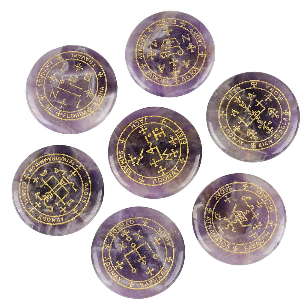 mookaitedecor 7 Piece Amethyst Stones with Engraved Magic Archangel Symbol Polished Palm Stone for Reiki Crystal Healing