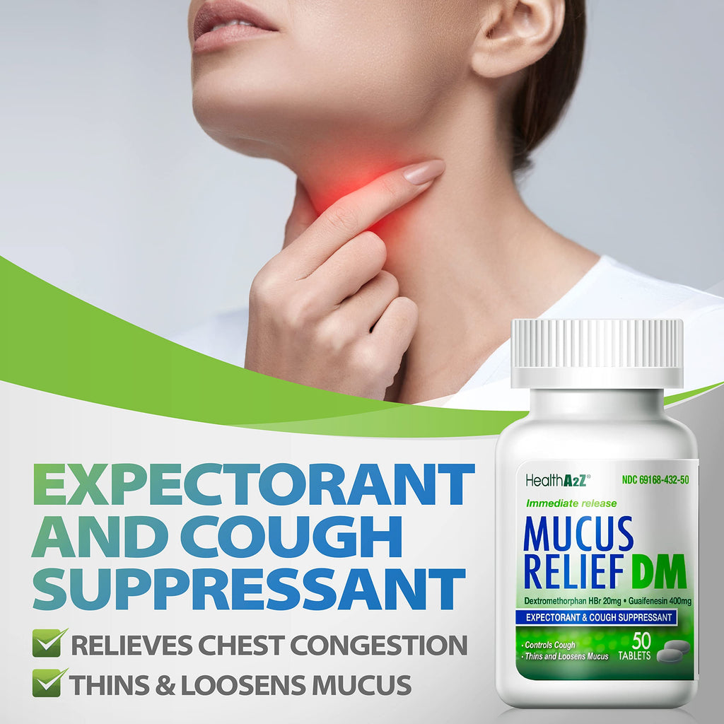 HealthA2Z Mucus Relief DM | Dextromethorphan HBr 20mg | Guaifenesin 400mg | No Benzene | Cough, Immediate Release, Uncoated (50
