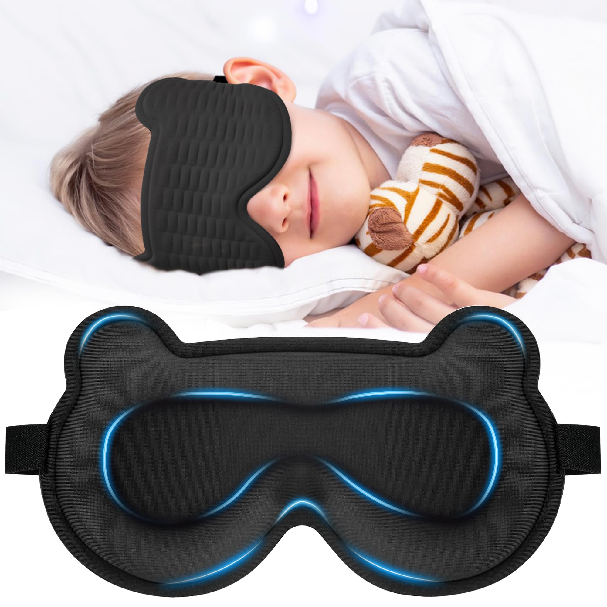 Kids Sleep Mask, 3D Sleeping Eye Mask for Kids with Adjustable Elastic Strap, Bear Shape Eye Cover with Memory Foam, Soft & Ligh