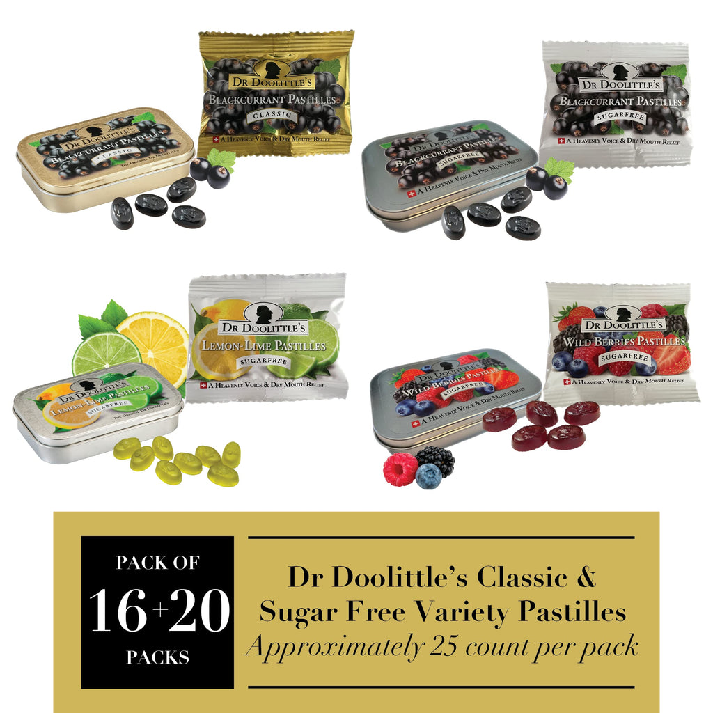 Dr. Doolittles Soft Fruit Pastilles Classic and Sugar Free Variety Pack for Voice and Throat, Blackcurrant, Lemon Lime, Wild Ber