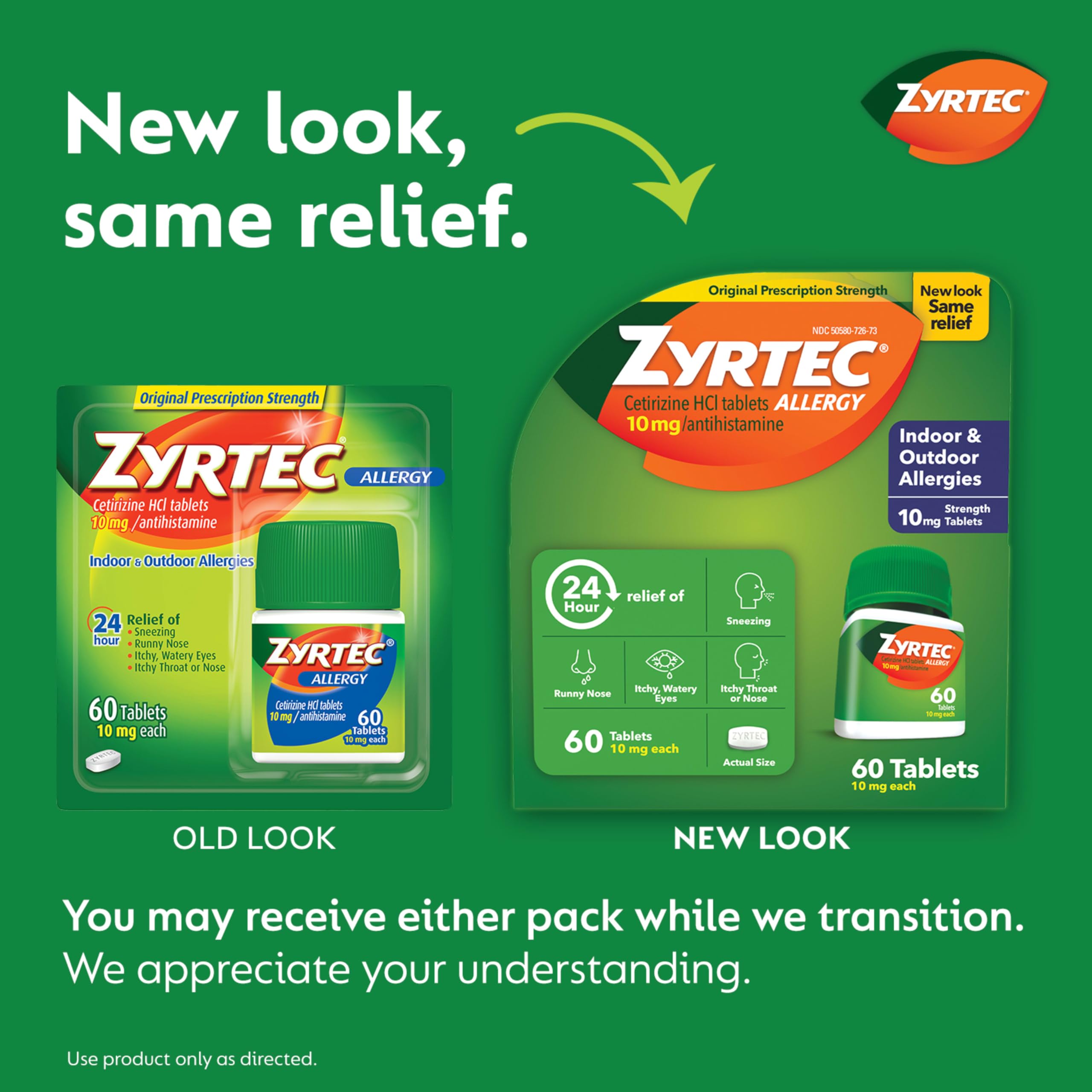 Zyrtec 24 Hour Allergy Relief Tablets, Indoor and Outdoor Allergy Medicine with 10 mg Cetirizine HCl per Antihistamine Tablet, B