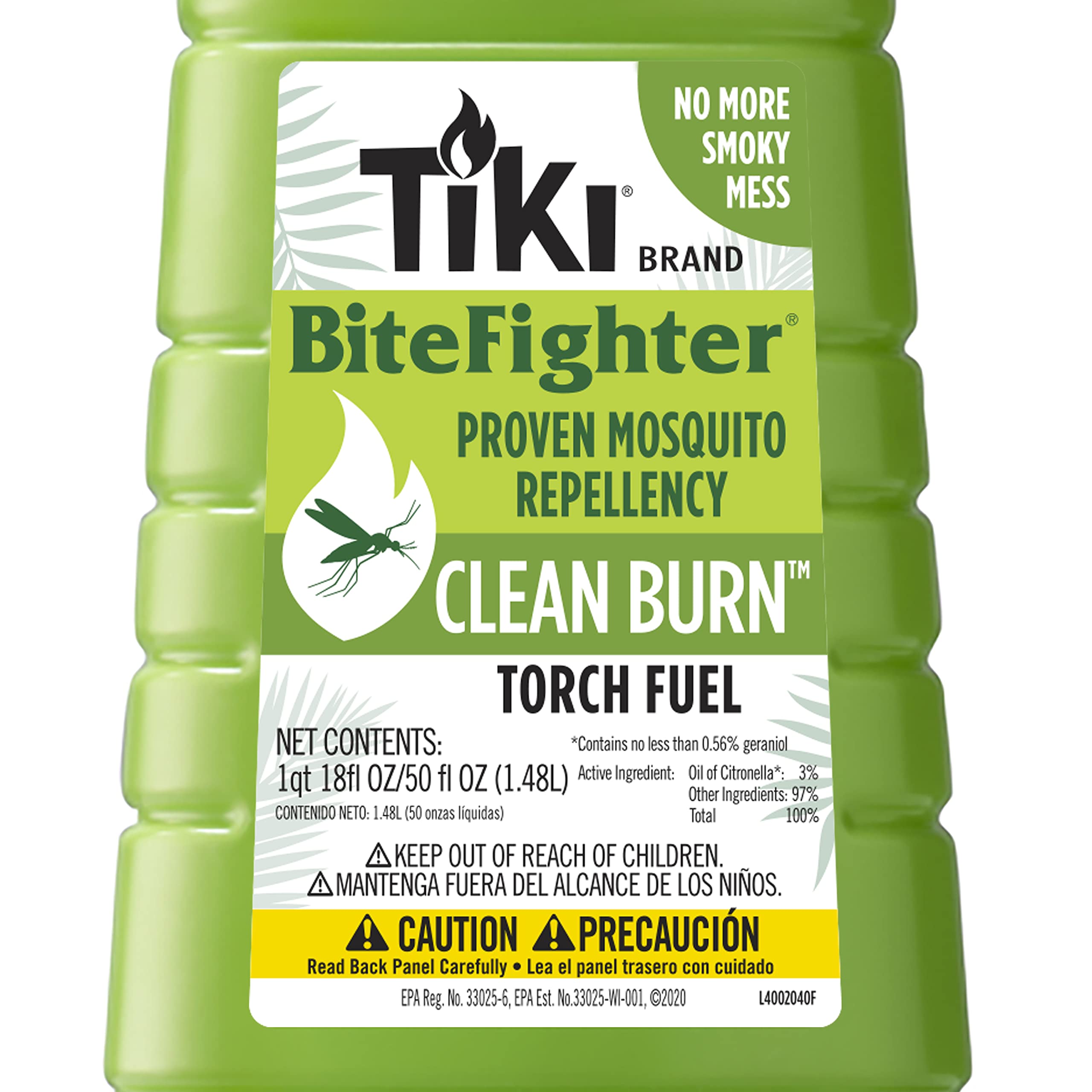 TIKI Clean Burn Torch Fuel, 50oz, Smokeless & Low-Soot Citronella Fuel, Mosquito Repellent, Plant-Based Torch Fuel for Outdoor,