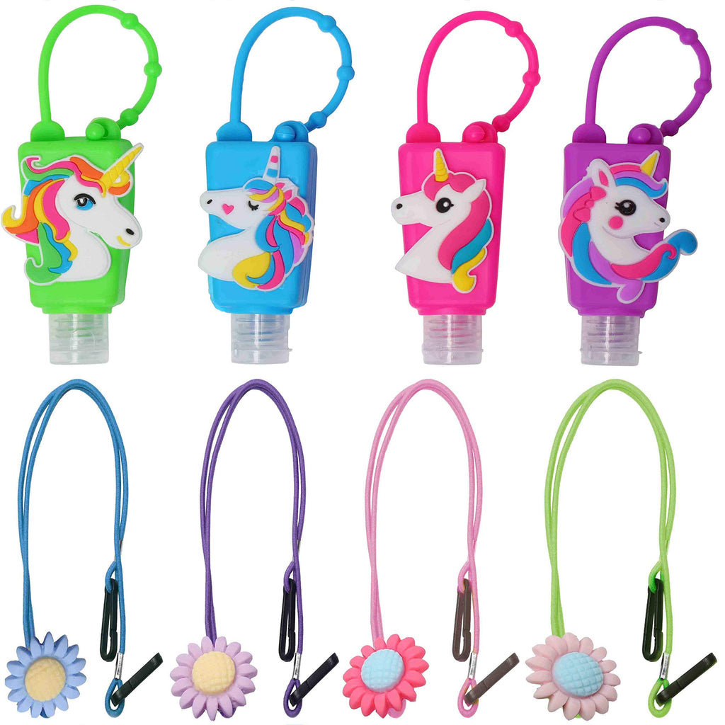 KINIA 8 PACK 4 Unicorn Empty Hand Sanitizer Refillable Containers Holder, 4-1 fl oz Flip Cap Empty Bottles + 4 Lanyards (4+4 - V