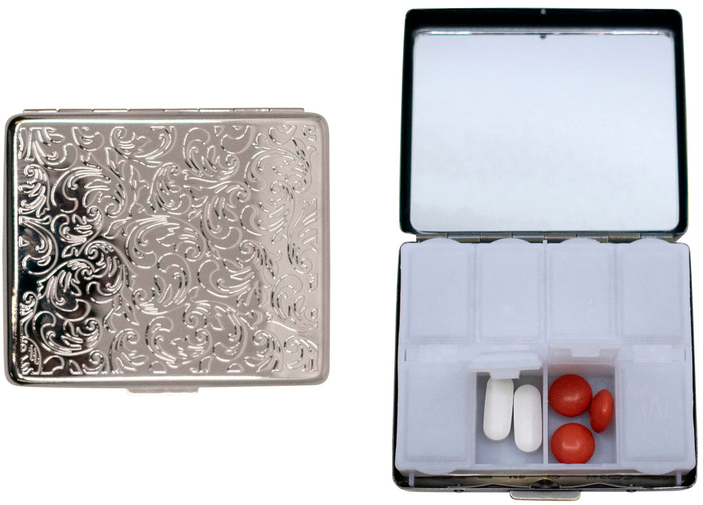 Set of 2 Metal-Plated Weekly (7-Day) Pill Box Case & Portable Medicine Organizer (Silver Victorian)