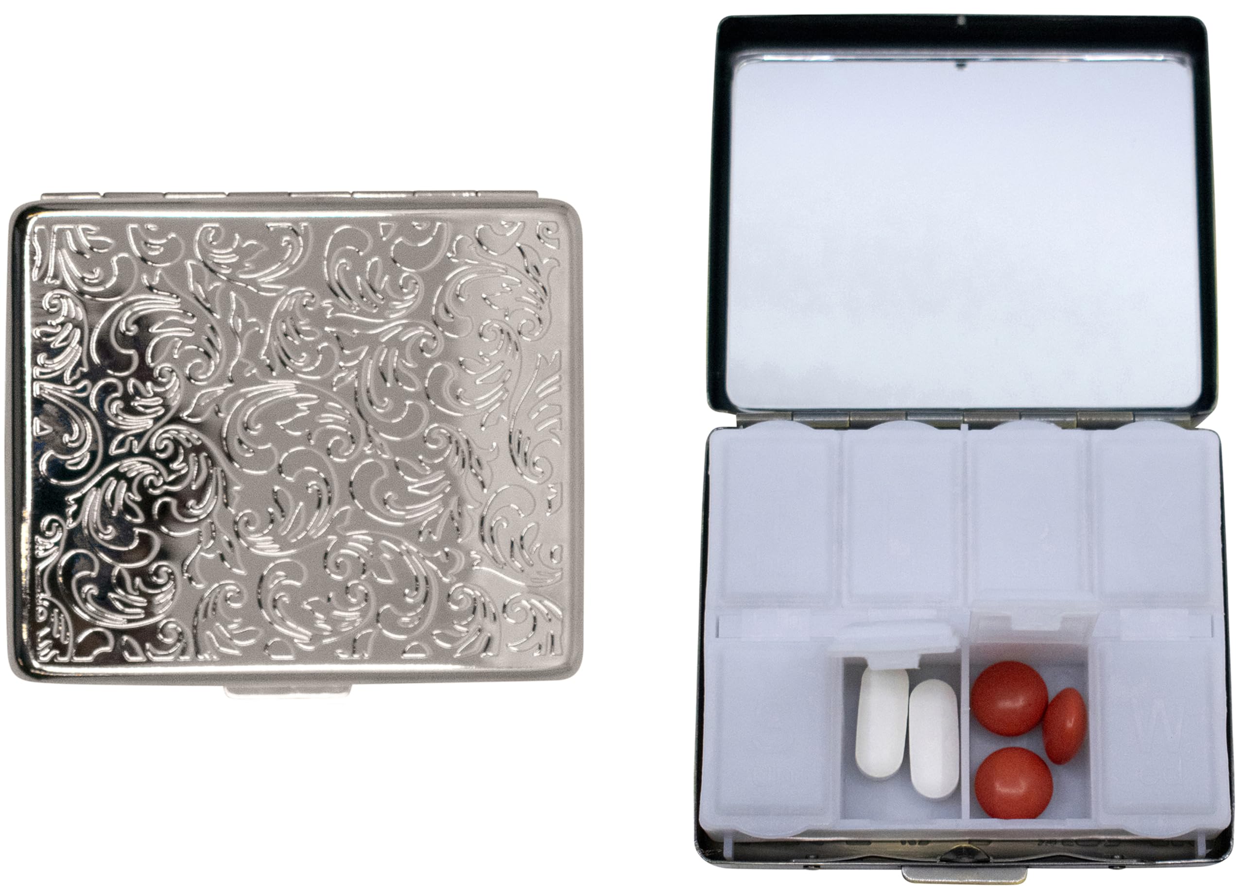 Set of 2 Metal-Plated Weekly (7-Day) Pill Box Case & Portable Medicine Organizer (Silver Victorian)