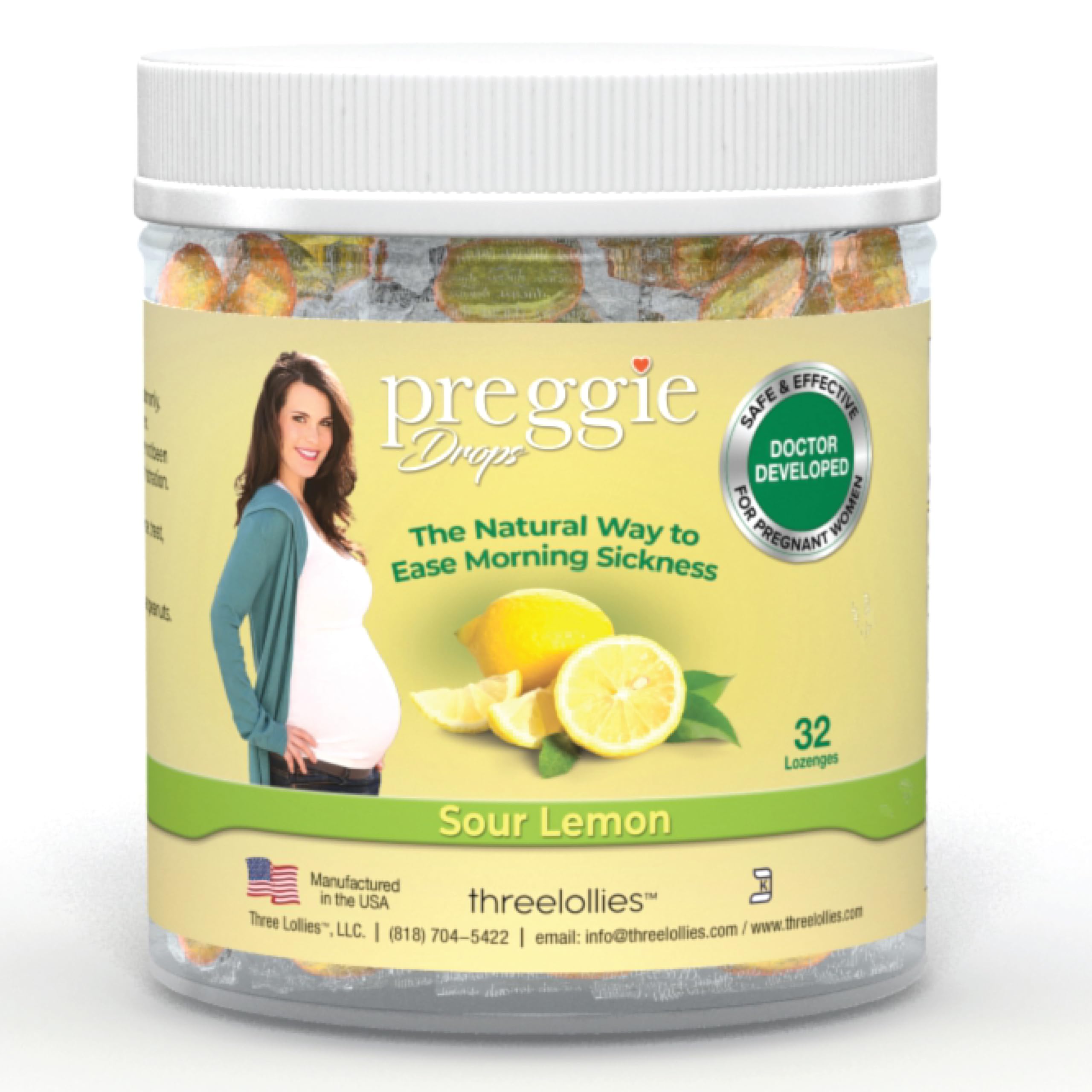 Preggie Pop Drops Pregnancy Nausea Relief Morning Sickness Candy with Essential Oils for Pregnant Women - Natural Sour Lemon, 32