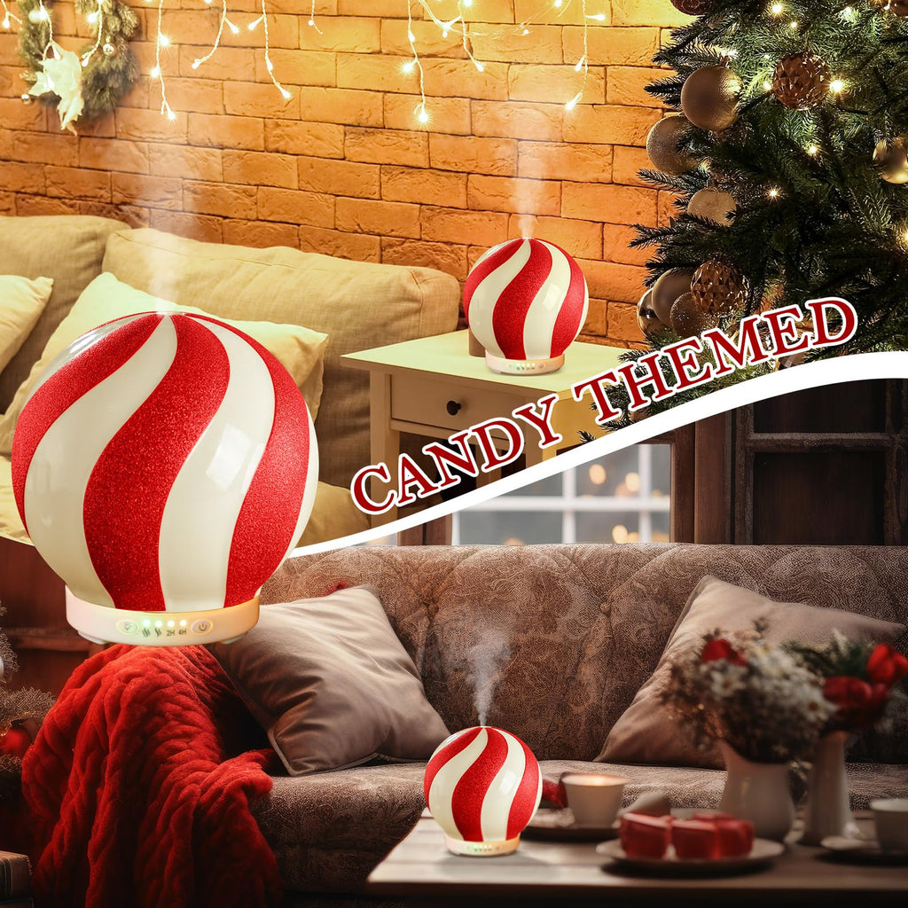 Rossesay Christmas Essential Oil Diffuser, 120ml Cute Ceramic Candy Cane Aromatherapy Humidifier, Holiday Xmas Home Table Decor