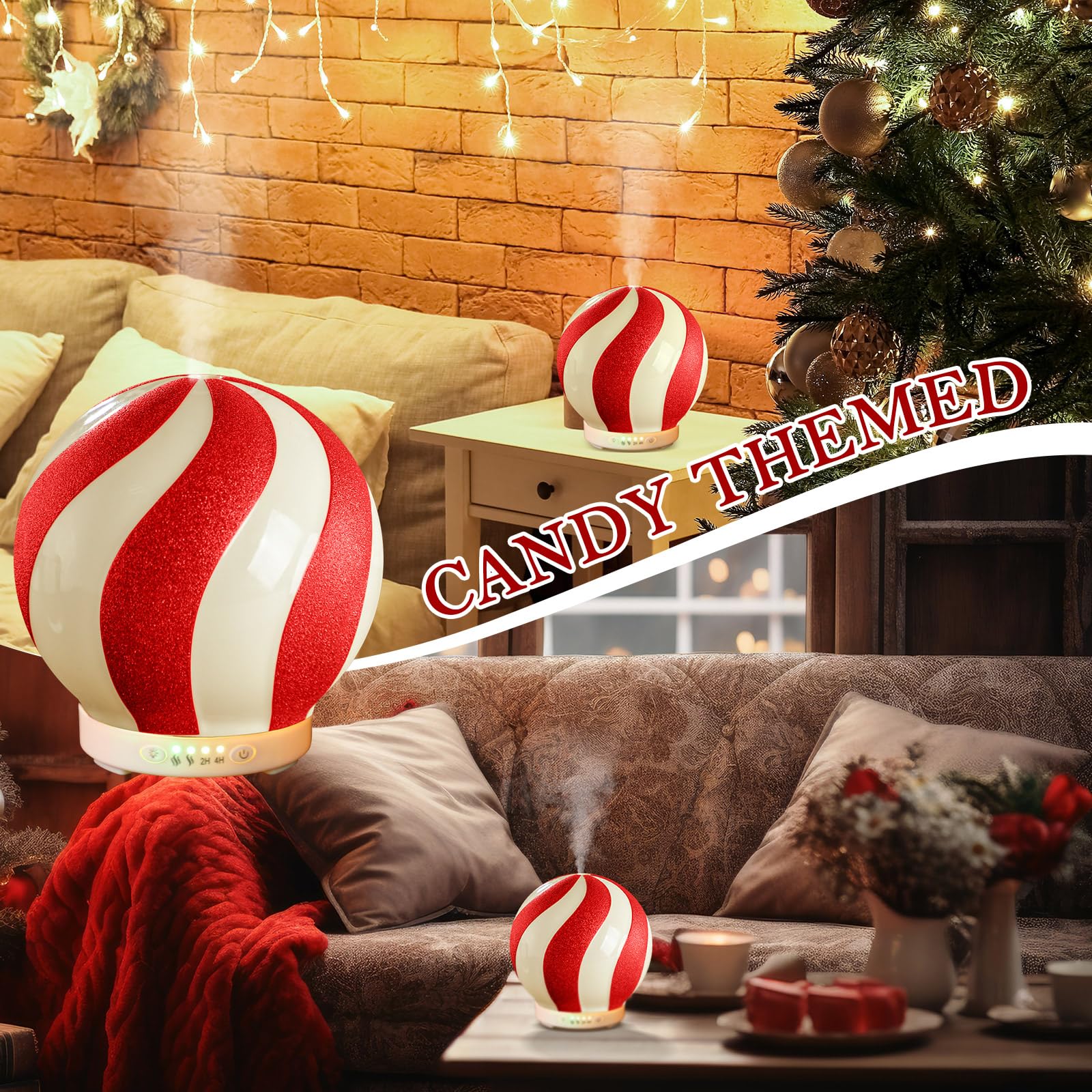 Rossesay Christmas Essential Oil Diffuser, 120ml Cute Ceramic Candy Cane Aromatherapy Humidifier, Holiday Xmas Home Table Decor
