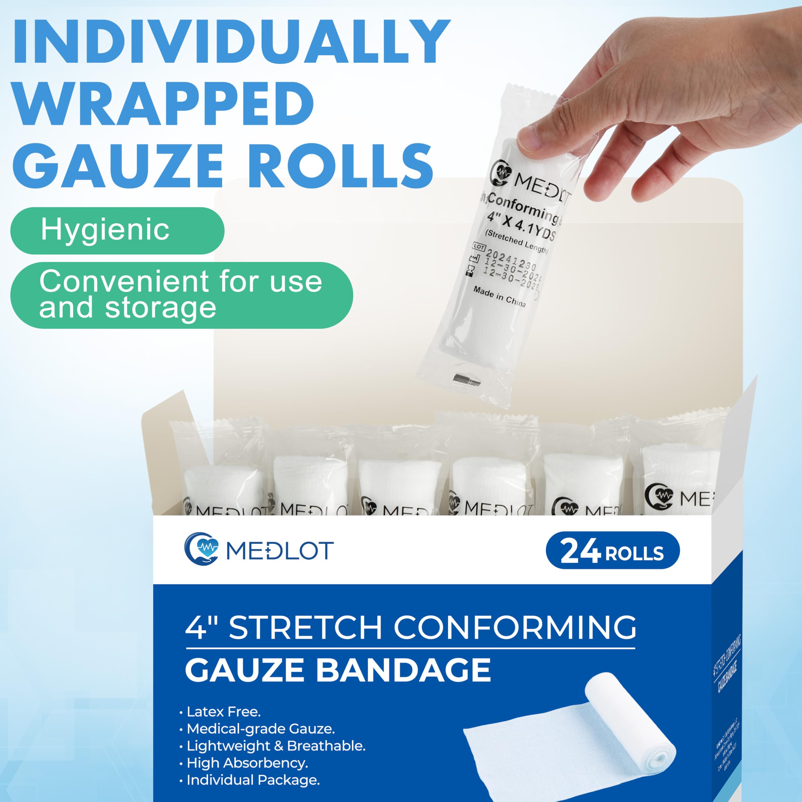 LotFancy Gauze Rolls, 24 Count, 4 Inch x 4.1 Yards, Rolled Gauze Wrap for Wounds, Conforming Stretch Bandage, Medical Supplies f