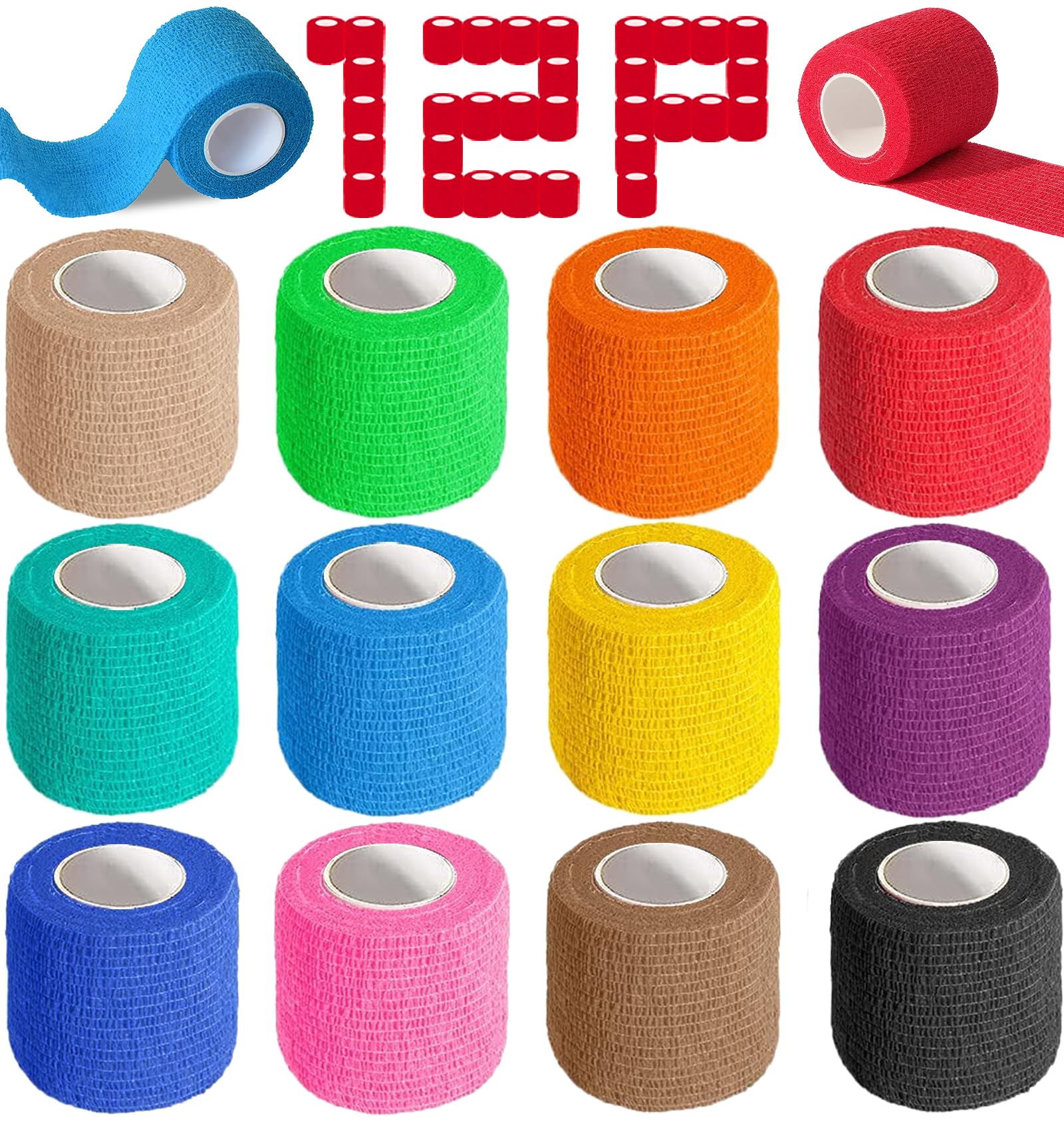 YesBes 12 Pack Self Adhesive Bandage Wrap, 2 X 5 Yards Color Vet Wrap, Ankle Tape, Elastic Cohesive Bandage Wrap, Athletic Tape