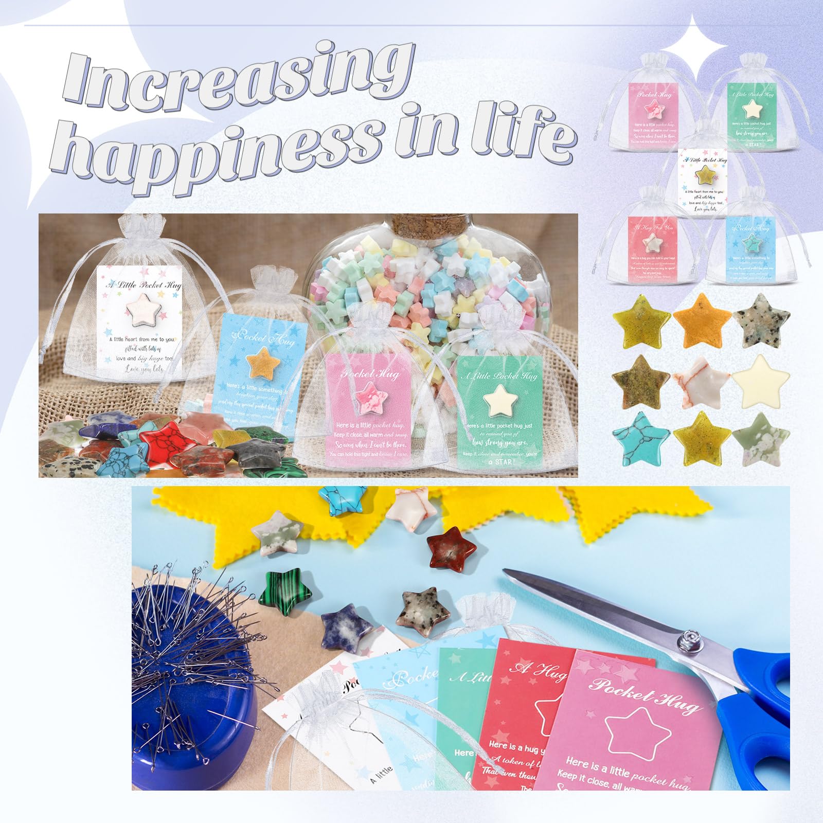 Tondiamo 60 Sets Pocket Hug Token Gifts Included Natural Star Shaped Crystal Stones, Hug Cards and Organza Bags for Coworkers, L