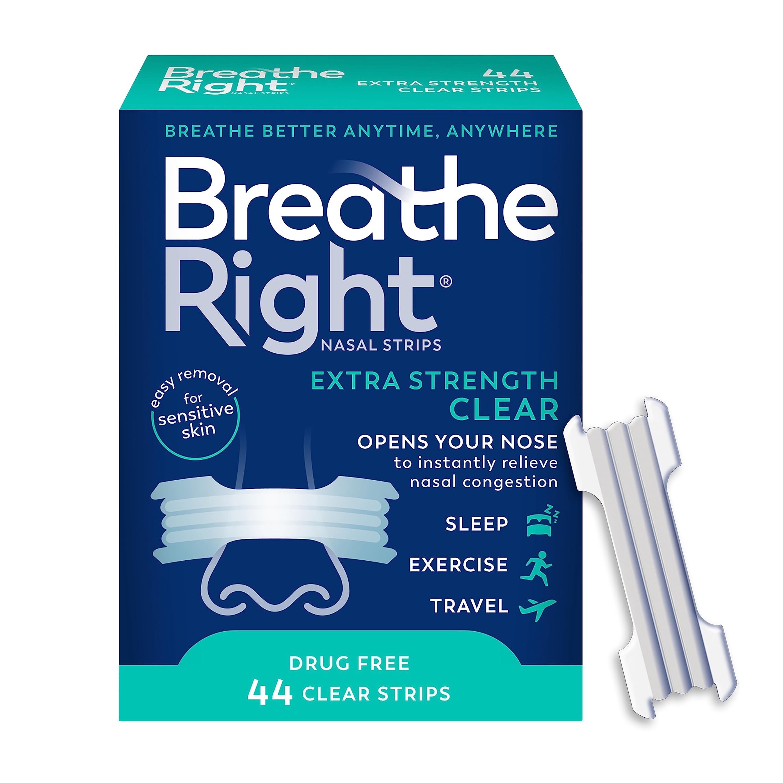 Breathe Right Nasal Strips Extra Strength Clear For Sensitive Skin Drug-Free Snoring Solution & Nasal Congestion Relief Caused b