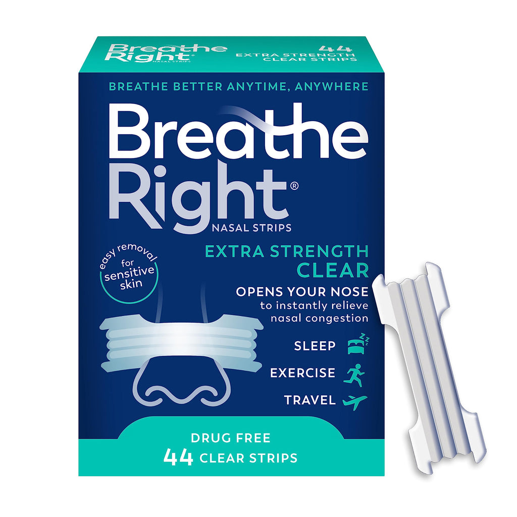 Breathe Right Nasal Strips Extra Strength Clear For Sensitive Skin Drug-Free Snoring Solution & Nasal Congestion Relief Caused b