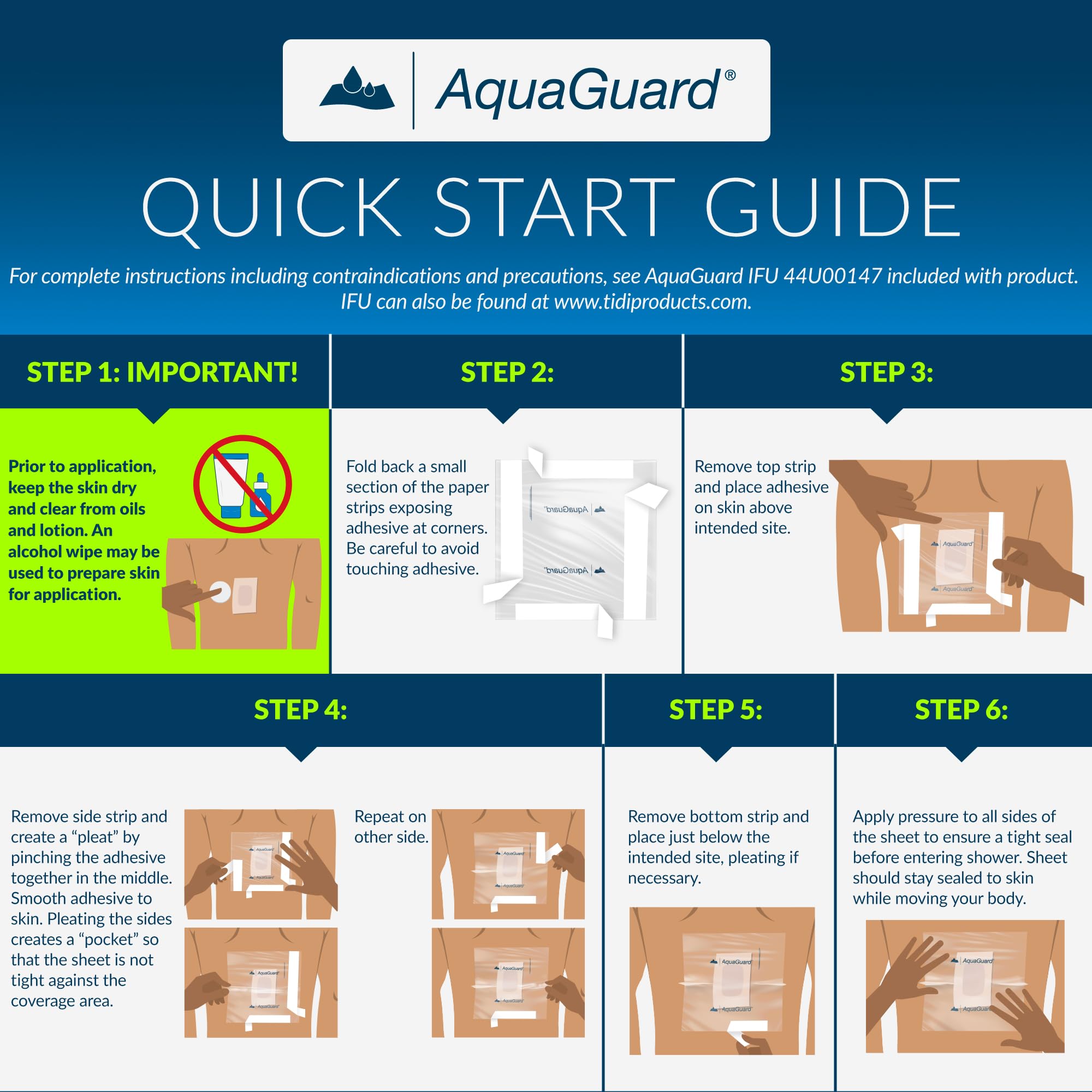 TIDI AquaGuard Sheet - 9    x 9    - Shower Protection Sheet - Self-Adhesive Moisture Barrier - Made without Latex - Wound Cover