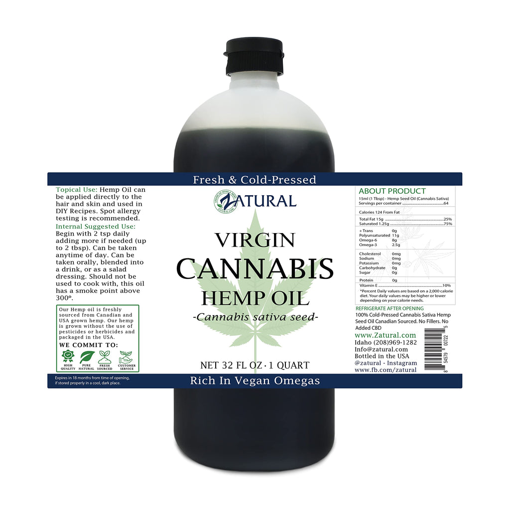 Zatural Organically Grown Hemp Oil 100% Pure Cold Pressed High Vegan Omegas 3 & 6 No Fillers or Additives Therapeutic Grade (32