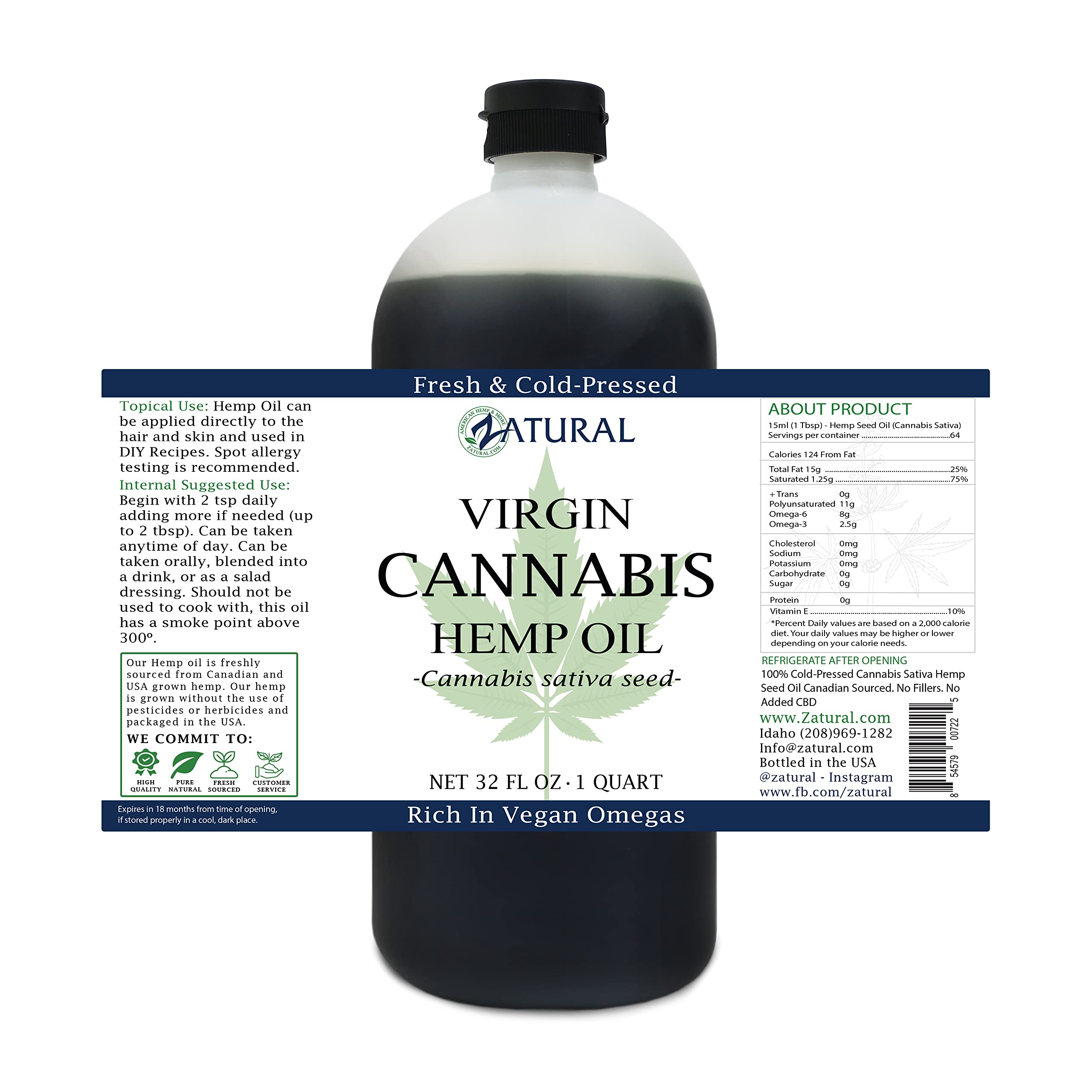 Zatural Organically Grown Hemp Oil 100% Pure Cold Pressed High Vegan Omegas 3 & 6 No Fillers or Additives Therapeutic Grade (32