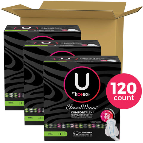 U by Kotex CleanWear Ultra Thin Feminine Pads with Wings, Heavy Absorbency, 120 Count (3 Packs of 40) (Packaging May Vary)