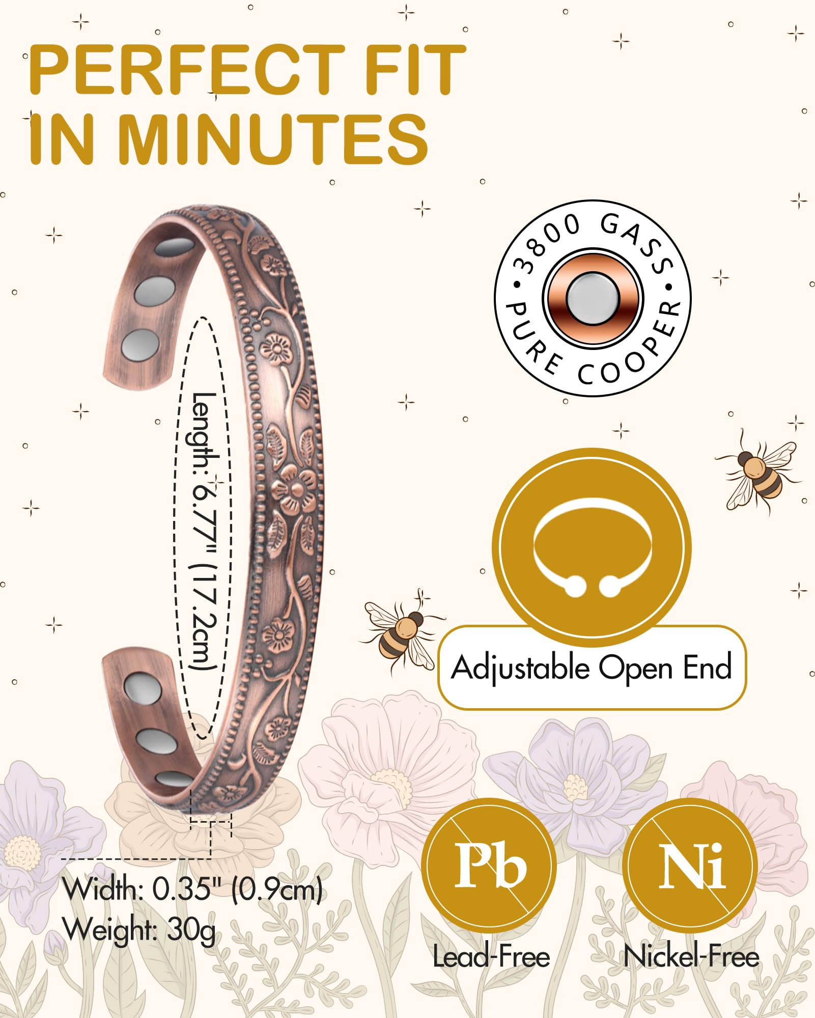 Feraco Magentic Copper Bracelet for Women,Vintage Flower Copper Cuff Bracelet,99.99% Pure Copper with Magnets,Adjustable Magneti