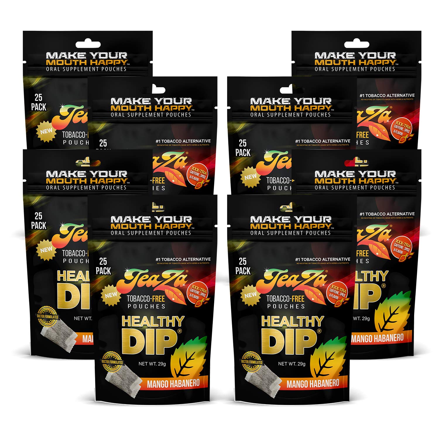 Teaza Energy Pouches Tobacco Alternative Nicotine Free Dip, Smokeless Alternative Snuff Healthy Dip, Mango Habanero (8 Pack) Tob