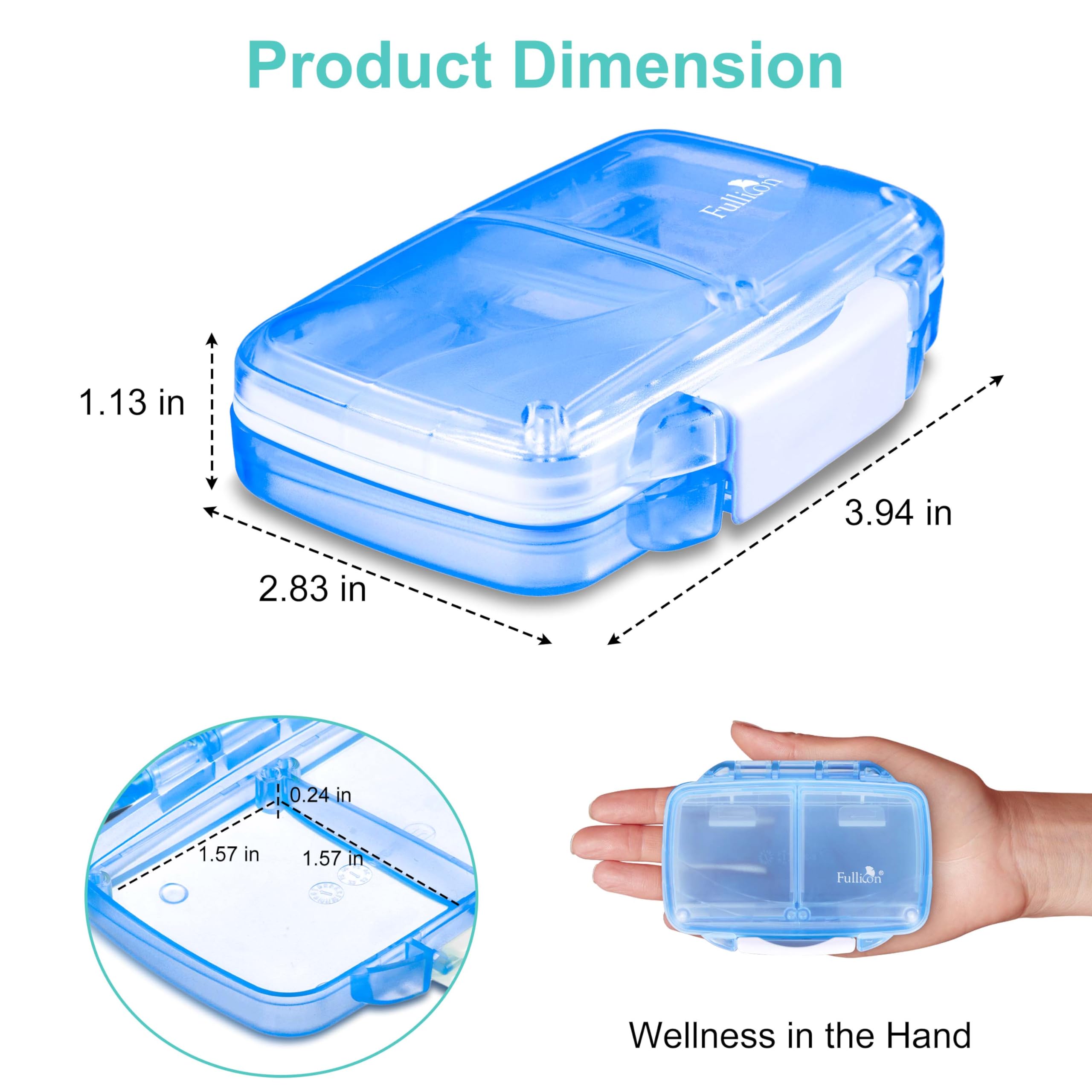 Fullicon Travel Pill Organizer, 4 Compartments Portable Pill Case, Moisture Proof Small Pill Box with Labels, Travel Pill Case w