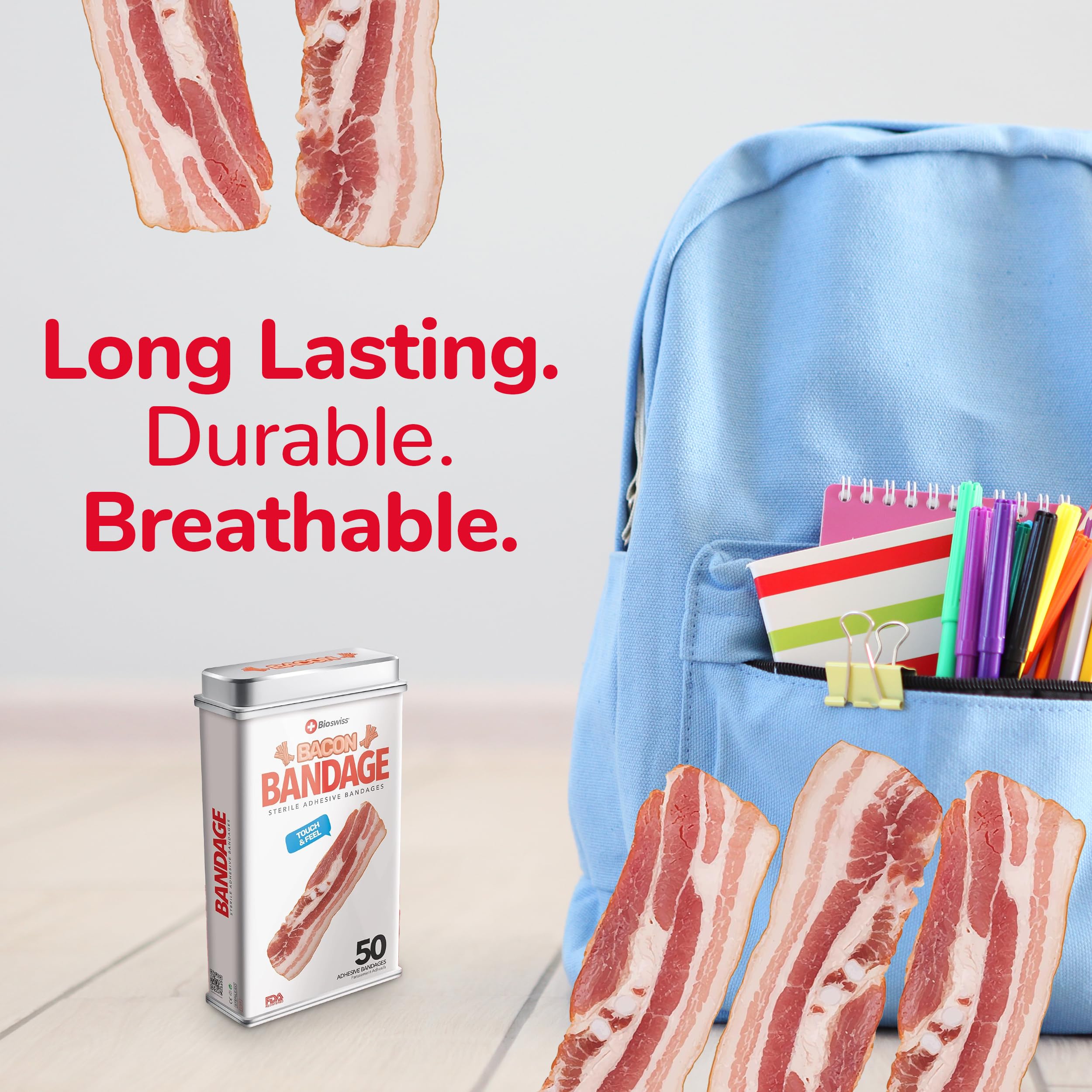 BioSwiss Bandages, Bacon Shaped Self Adhesive Bandage Set, Latex Free, Sterile Wound Care, 50 Count