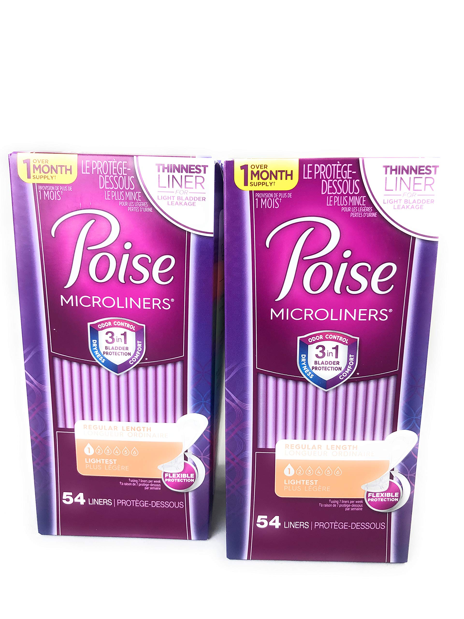 Poise Microliners, incontinence panty liners, lightest absorbency, regular, 54 Count, PACK OF 2