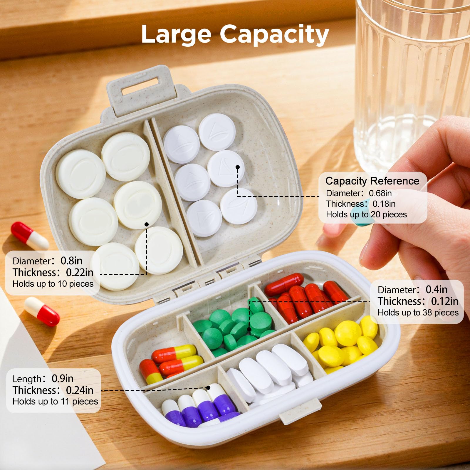 Travel Pill Organizer - Weekly Medicine Box with Labels, Small Cute Portable Pill Case for Daily Vitamins & Medications, Leak-Pr