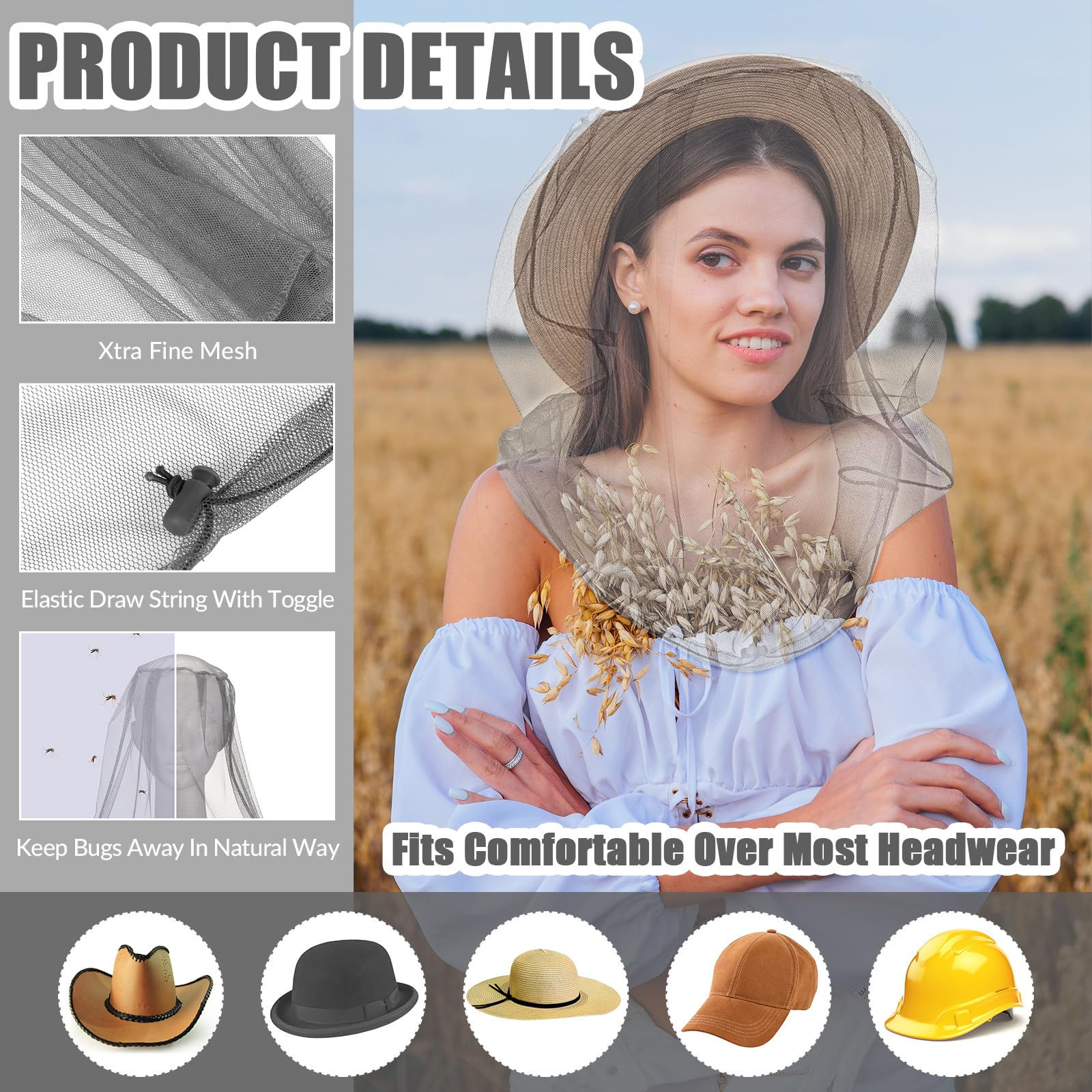 Hestya 2 Pack Mosquito Head Mesh Net Midge Insects Bugs Head Face Net Protecting for Outdoor Hiking Camping Climbing Walking(Bla