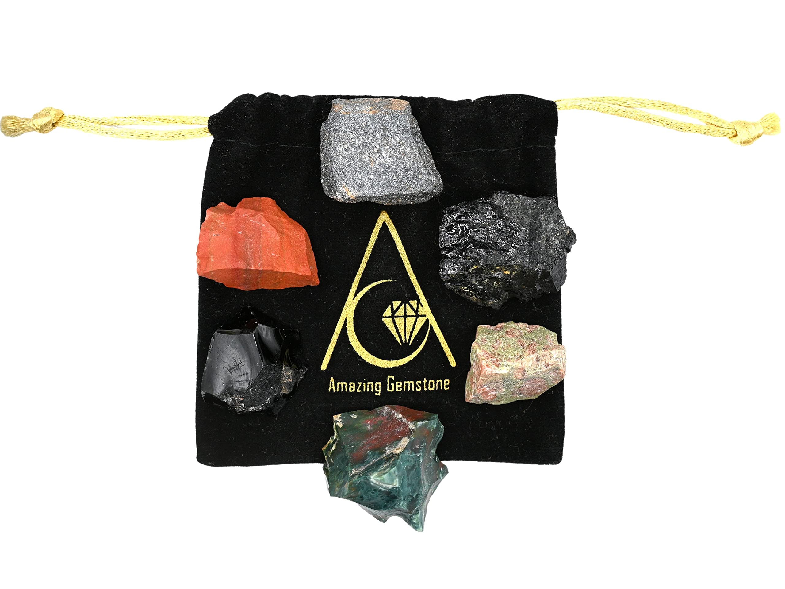 Crystals for Health Manifestation, Set of 6 Red Jasper, Black Obsidian, Black Tourmaline, Bloodstone, Hematite and Unakite Heali